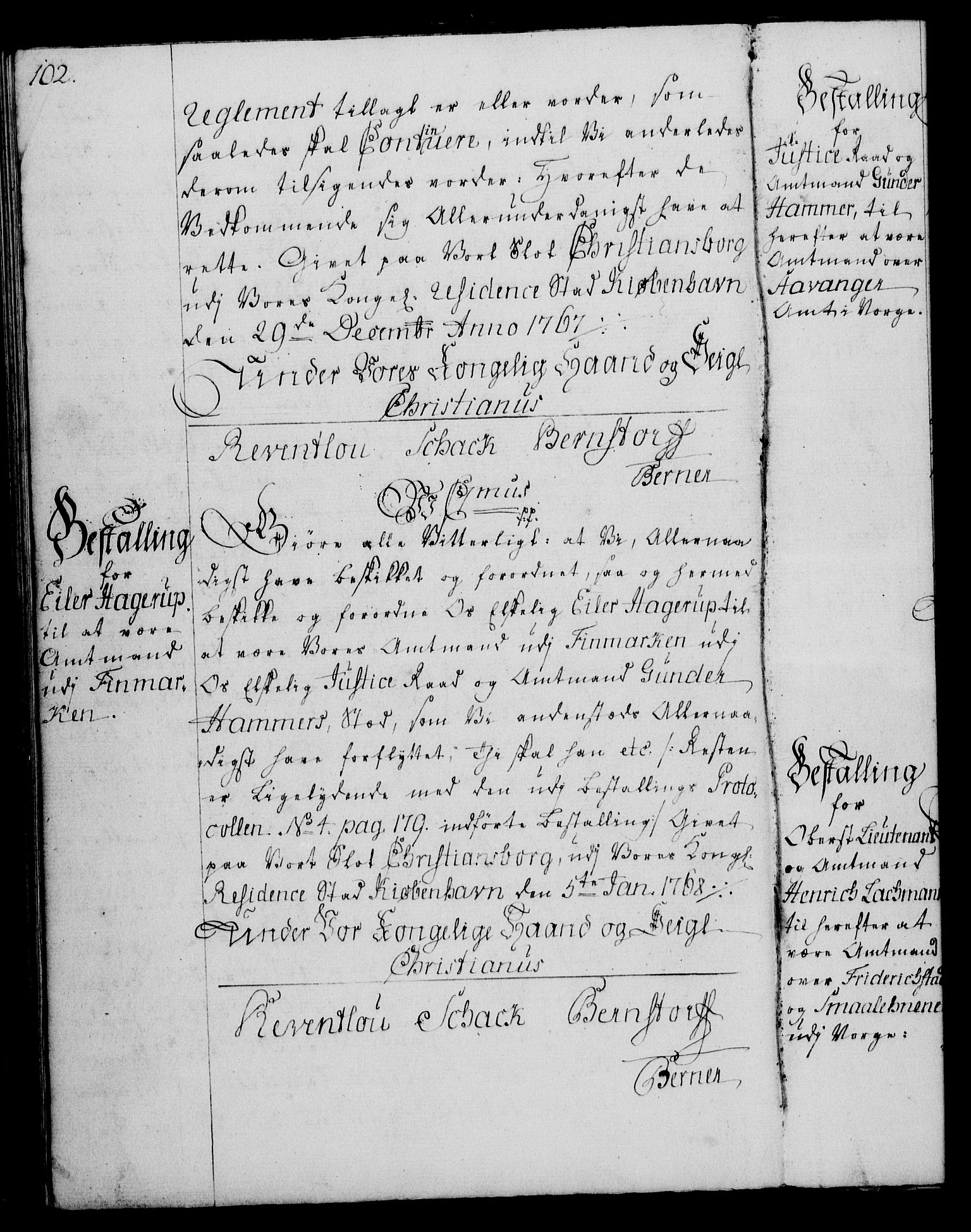Rentekammeret, Kammerkanselliet, RA/EA-3111/G/Gg/Gge/L0004: Norsk bestallingsprotokoll med register (merket RK 53.28), 1762-1771, p. 102