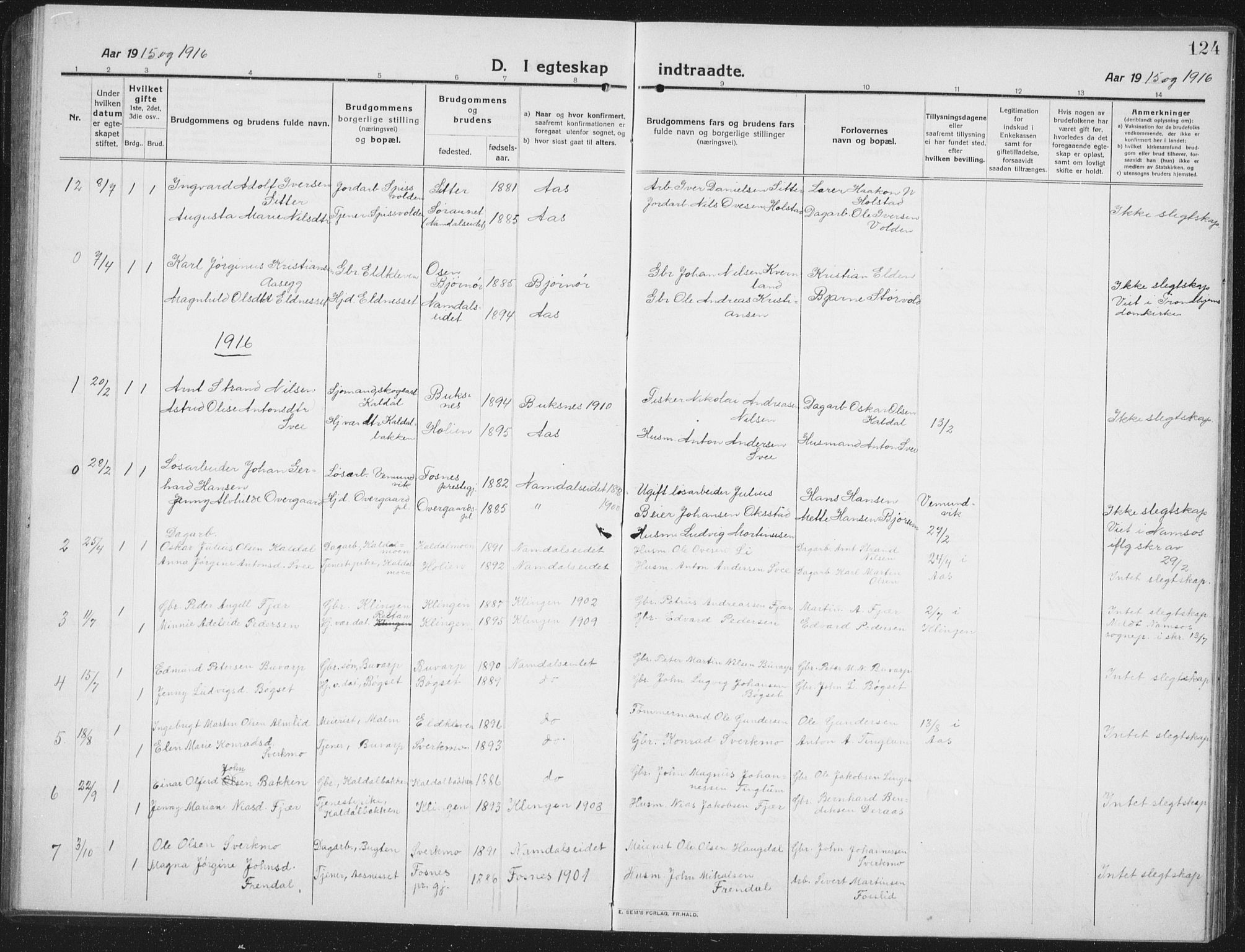 Ministerialprotokoller, klokkerbøker og fødselsregistre - Nord-Trøndelag, AV/SAT-A-1458/742/L0413: Parish register (copy) no. 742C04, 1911-1938, p. 124