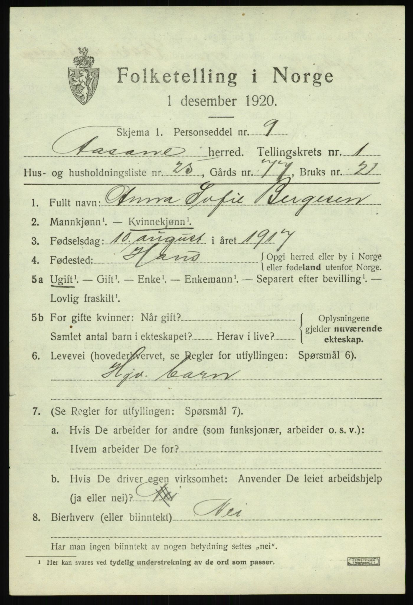 SAB, 1920 census for Åsane, 1920, p. 1191