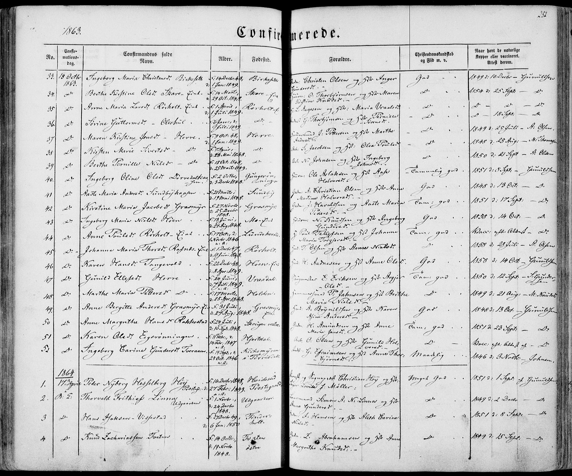 Bamble kirkebøker, SAKO/A-253/F/Fa/L0005: Parish register (official) no. I 5, 1854-1869, p. 252