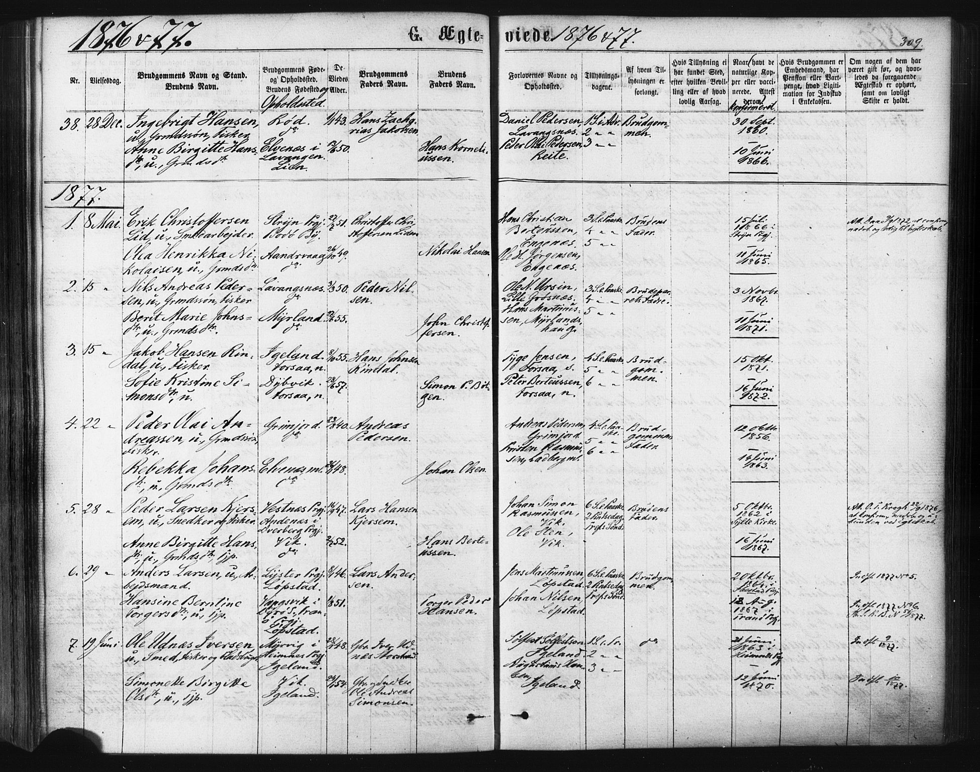 Ibestad sokneprestembete, SATØ/S-0077/H/Ha/Haa/L0010kirke: Parish register (official) no. 10, 1869-1879, p. 309