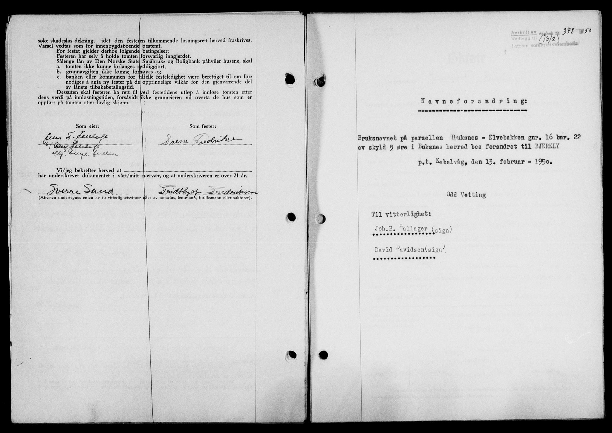 Lofoten sorenskriveri, SAT/A-0017/1/2/2C/L0023a: Mortgage book no. 23a, 1950-1950, Diary no: : 378/1950