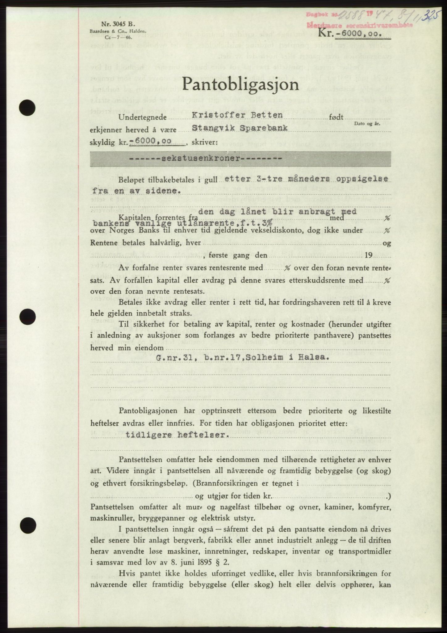 Nordmøre sorenskriveri, AV/SAT-A-4132/1/2/2Ca: Mortgage book no. B97, 1947-1948, Diary no: : 2588/1947