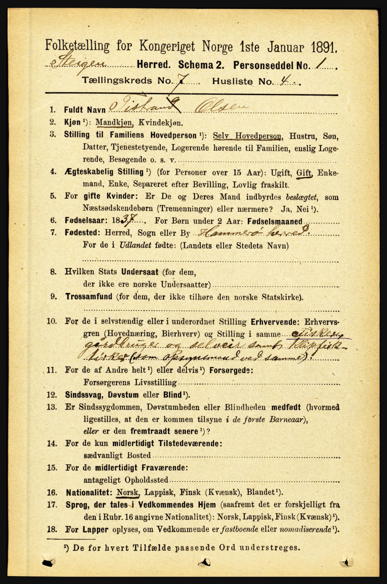 RA, 1891 census for 1848 Steigen, 1891, p. 2282