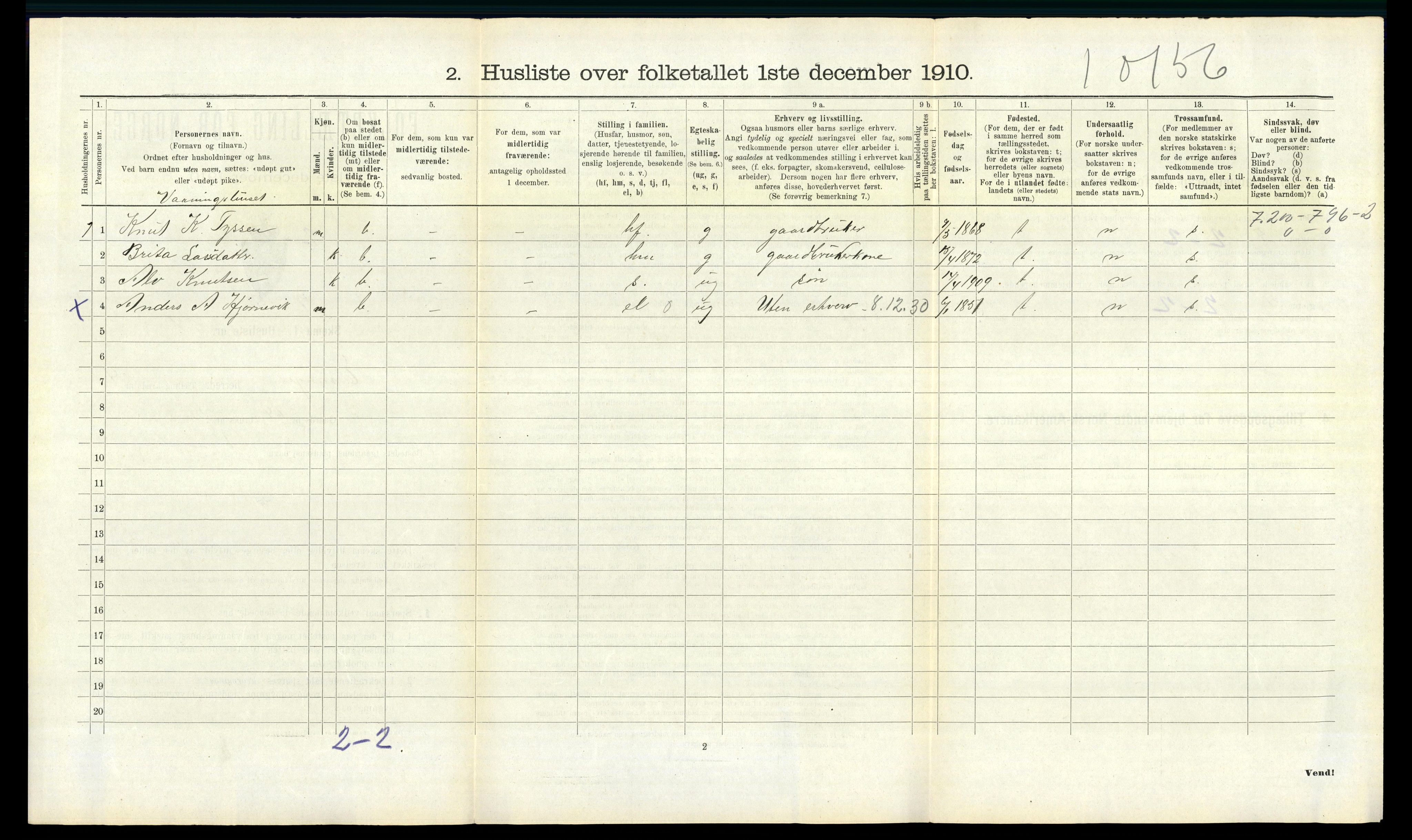 RA, 1910 census for Evanger, 1910, p. 218