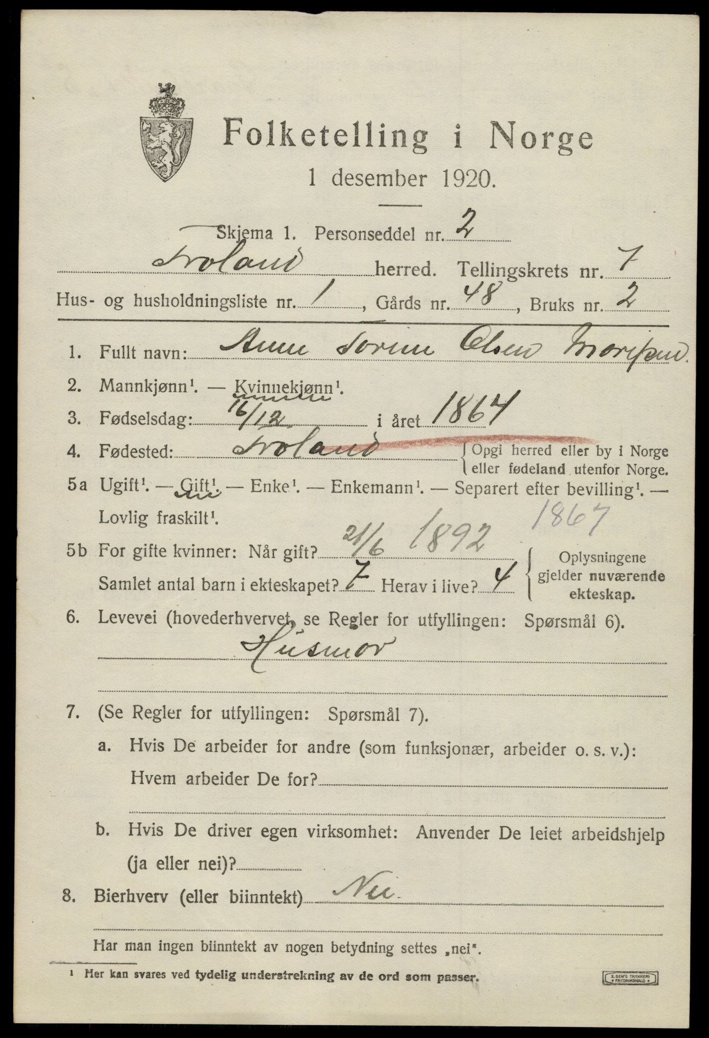 SAK, 1920 census for Froland, 1920, p. 4283