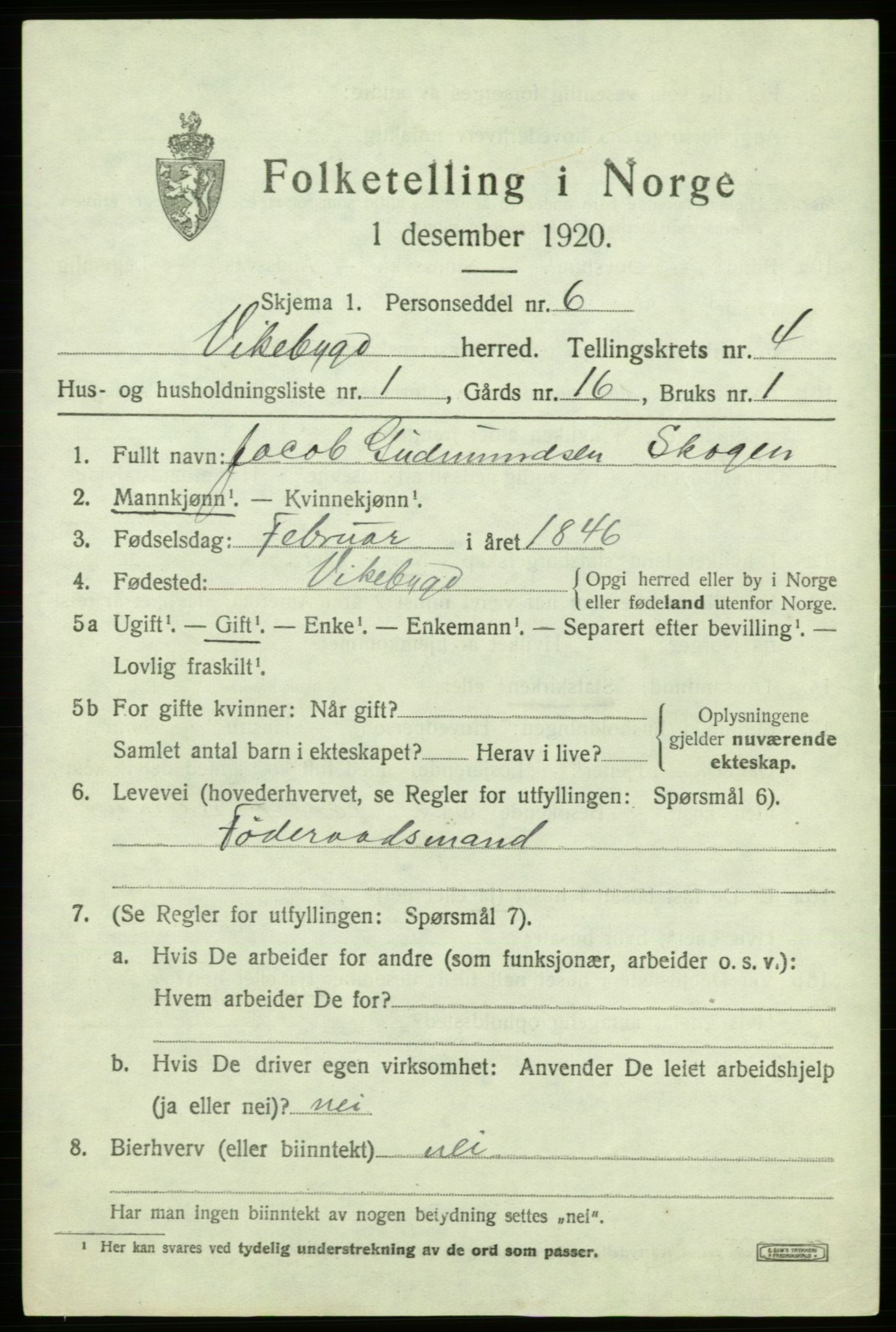 SAB, 1920 census for Vikebygd, 1920, p. 1565