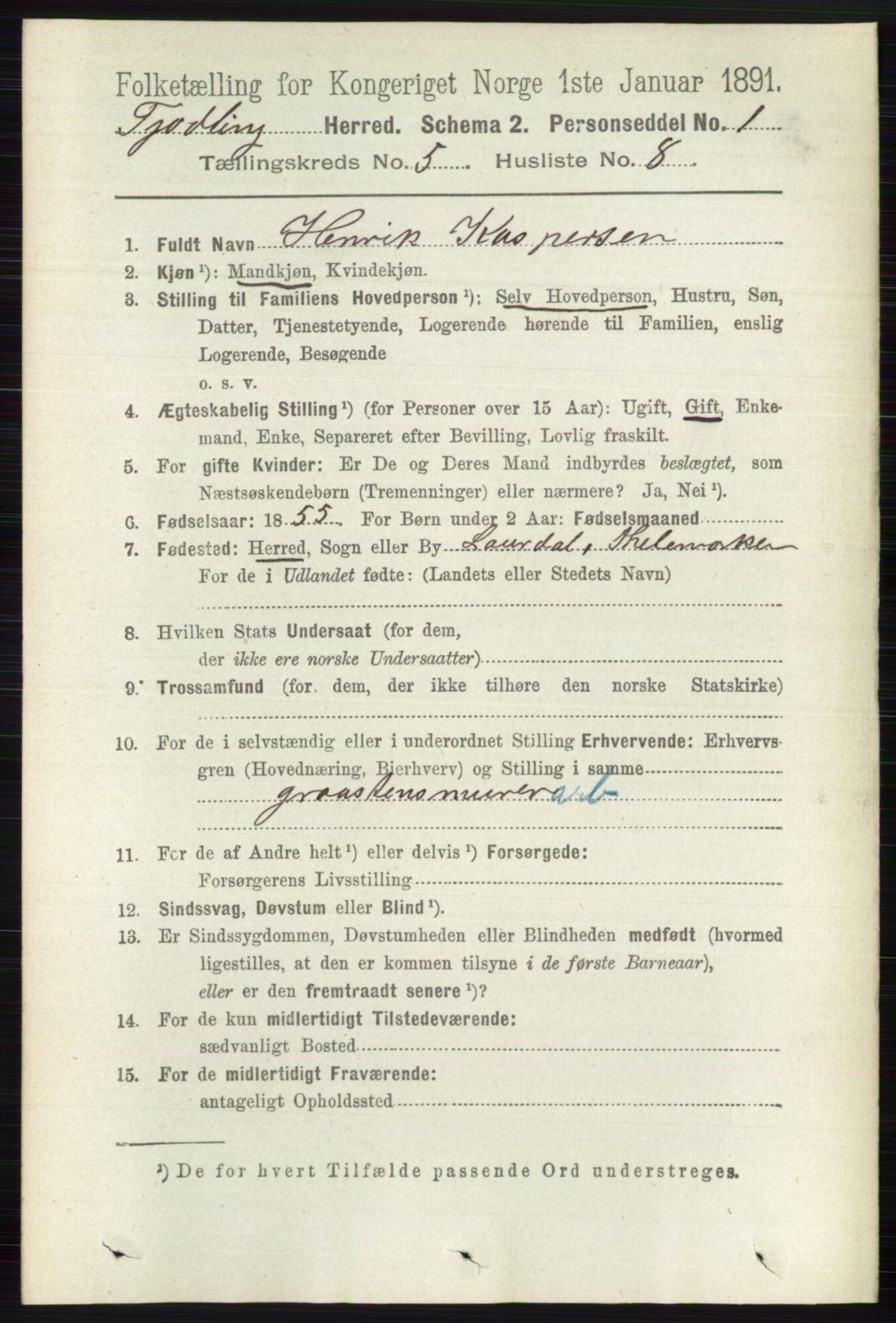 RA, 1891 census for 0725 Tjølling, 1891, p. 2026