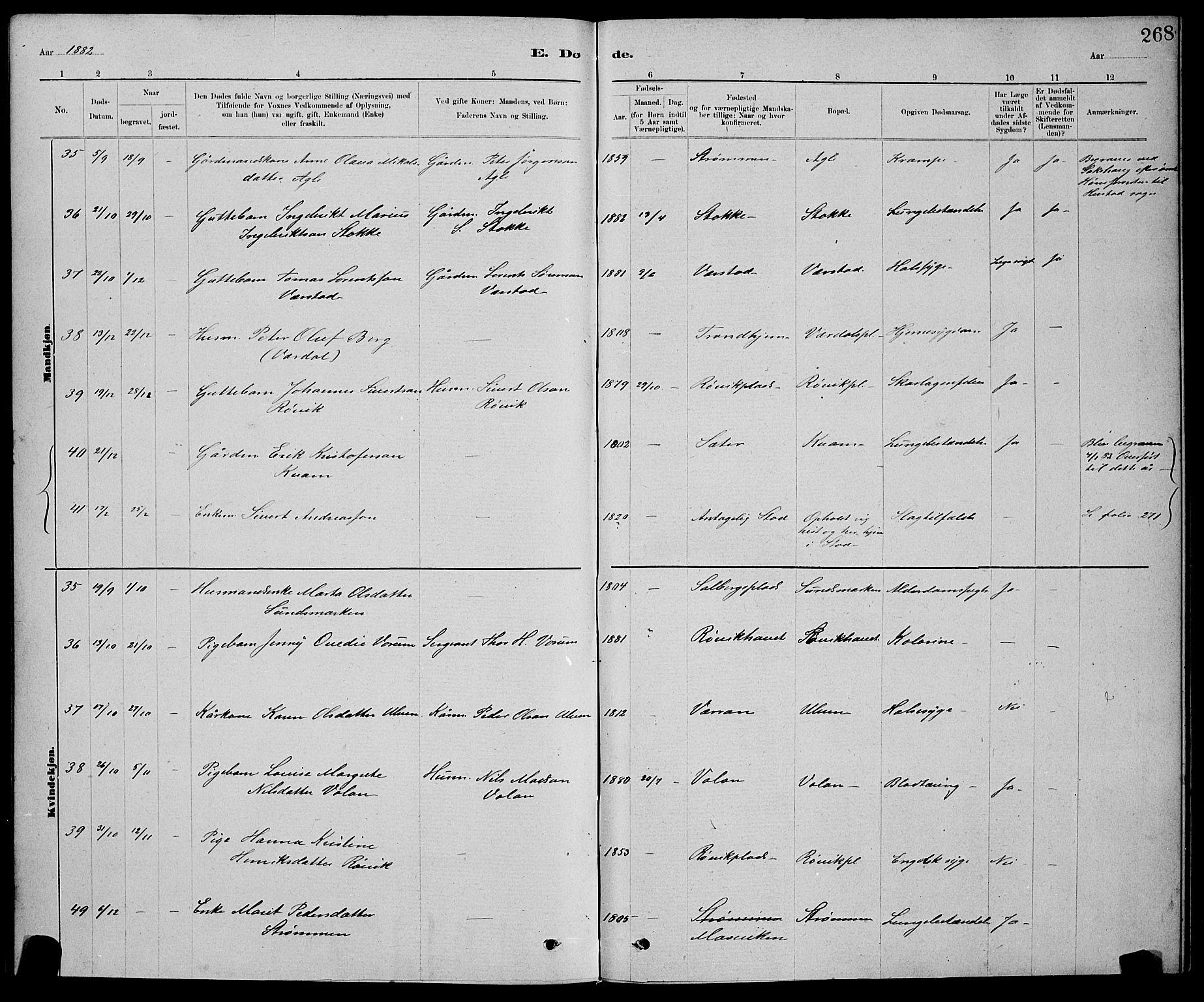 Ministerialprotokoller, klokkerbøker og fødselsregistre - Nord-Trøndelag, SAT/A-1458/730/L0301: Parish register (copy) no. 730C04, 1880-1897, p. 268