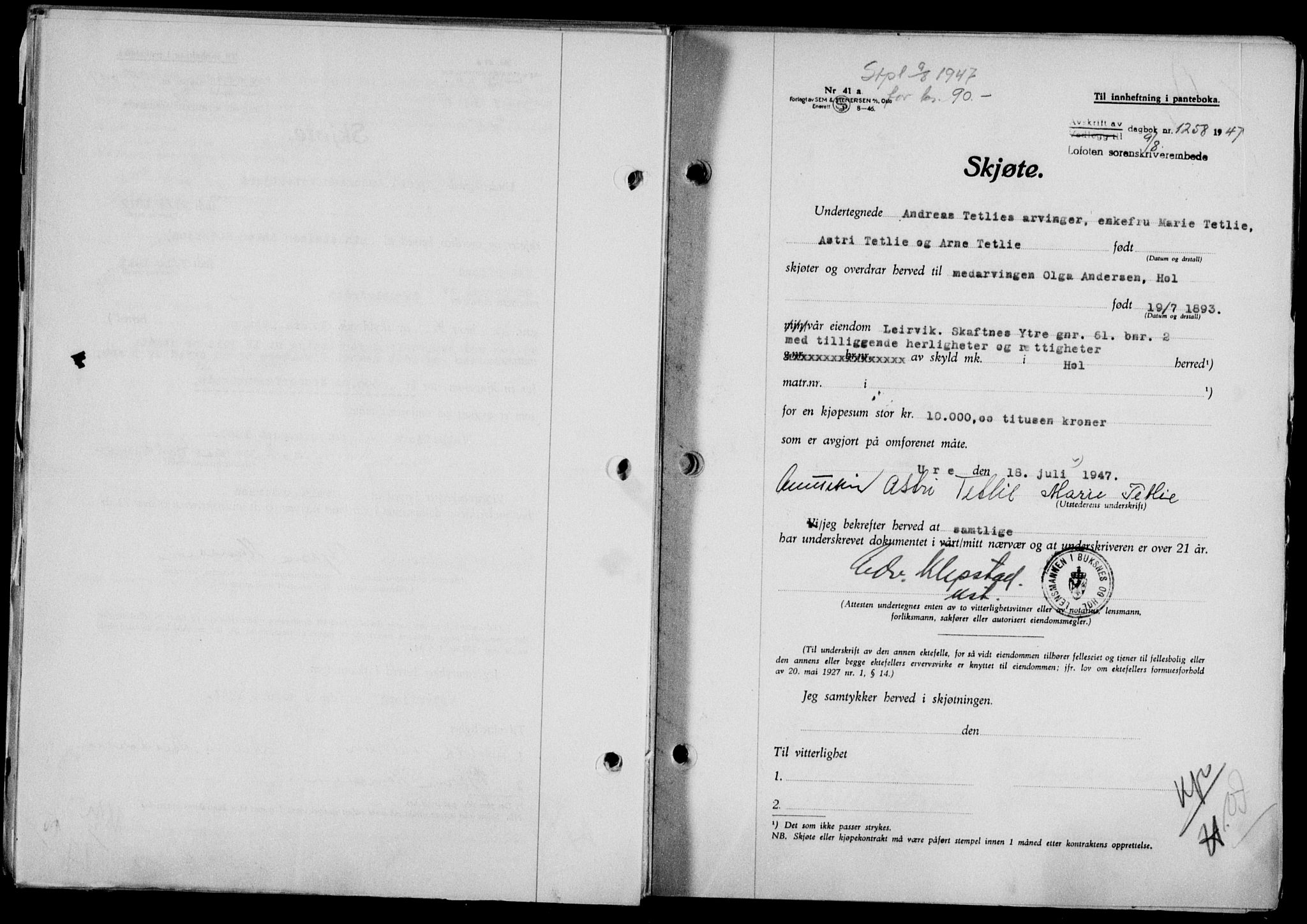 Lofoten sorenskriveri, SAT/A-0017/1/2/2C/L0016a: Mortgage book no. 16a, 1947-1947, Diary no: : 1258/1947