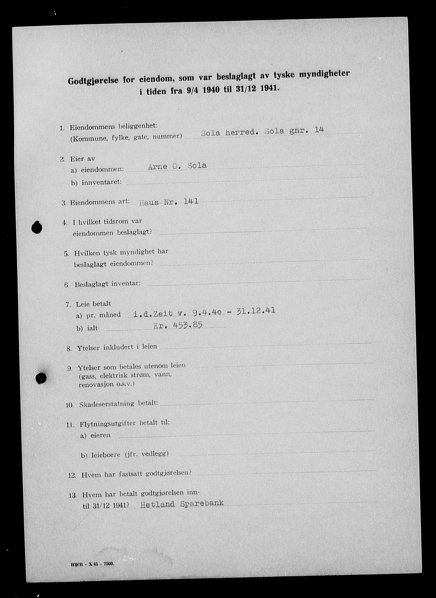 Justisdepartementet, Tilbakeføringskontoret for inndratte formuer, AV/RA-S-1564/I/L1015: Godtgjørelse for beslaglagt eiendom, 1940-1941, p. 195