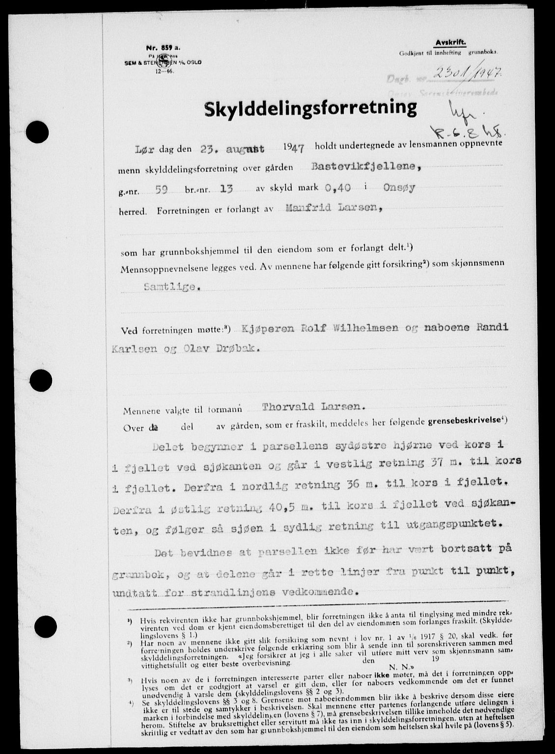 Onsøy sorenskriveri, SAO/A-10474/G/Ga/Gab/L0021: Mortgage book no. II A-21, 1947-1947, Diary no: : 2301/1947