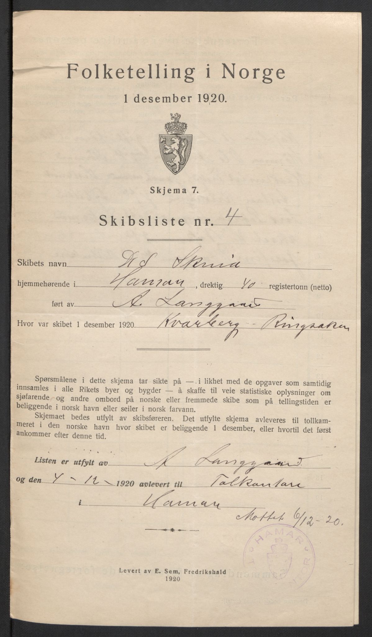 SAH, 1920 census for Hamar, 1920, p. 17540