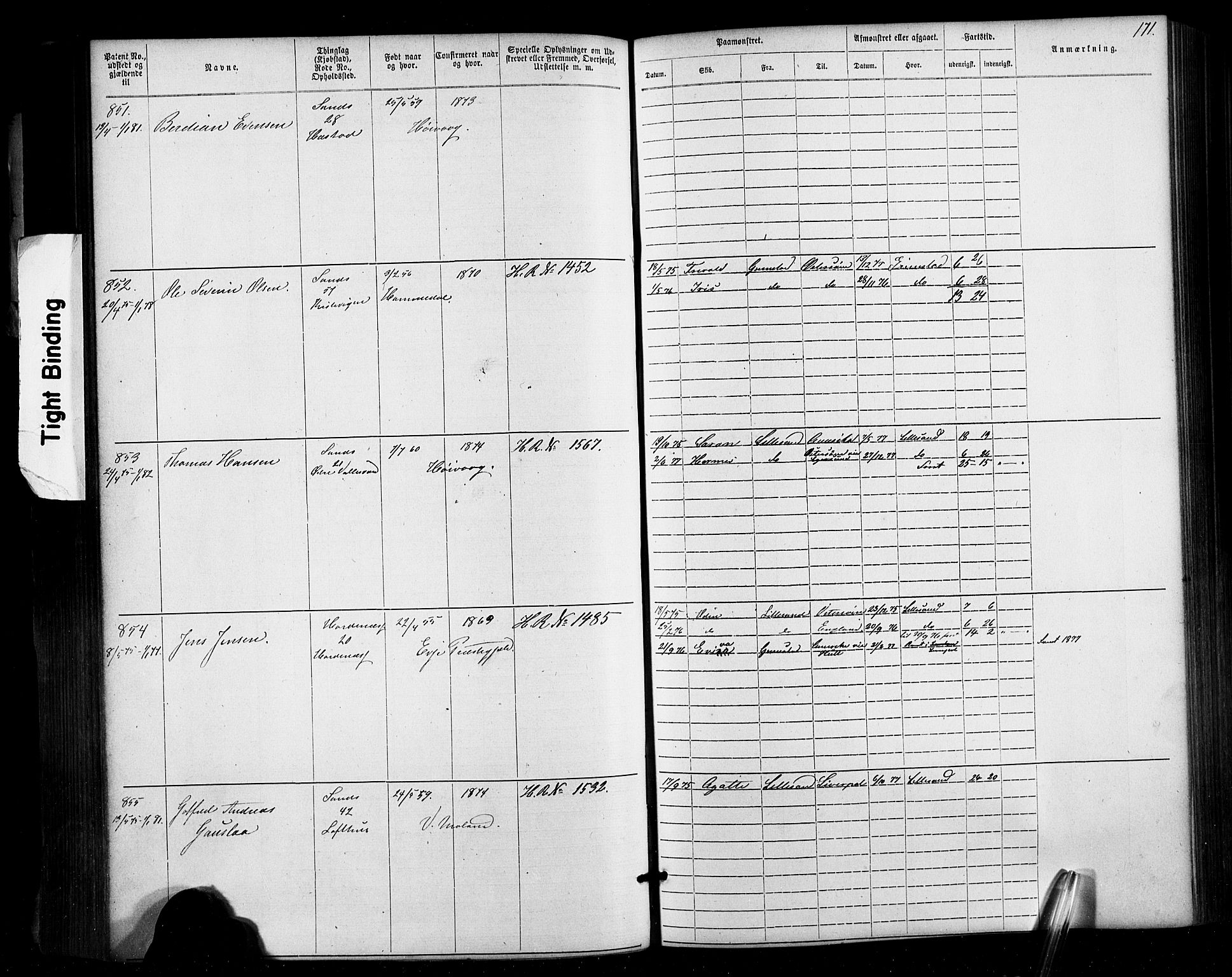 Lillesand mønstringskrets, SAK/2031-0014/F/Fa/L0002: Annotasjonsrulle nr 1-1910 med register, W-8, 1868-1891, p. 175