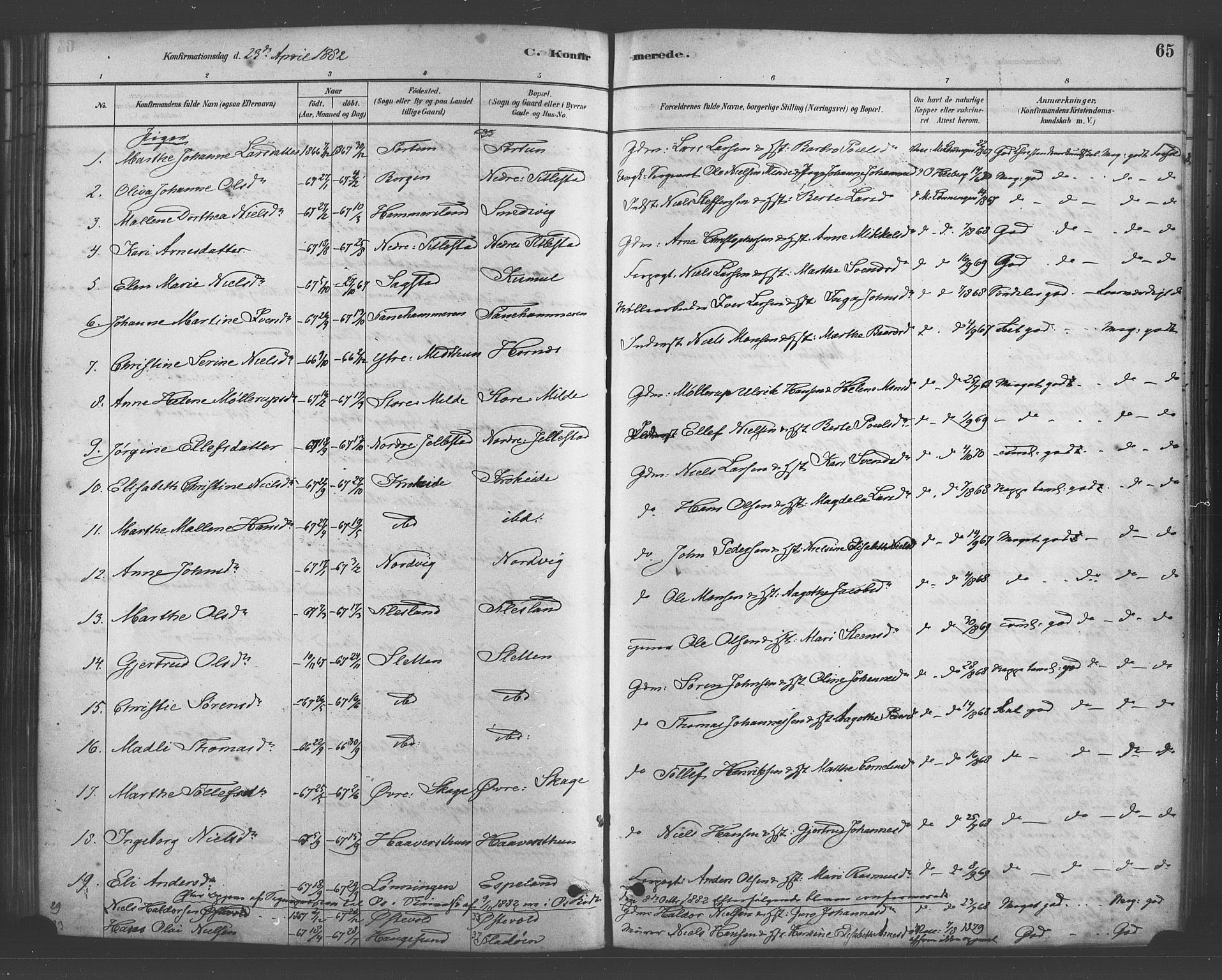 Fana Sokneprestembete, AV/SAB-A-75101/H/Haa/Haab/L0001: Parish register (official) no. B 1, 1878-1889, p. 65