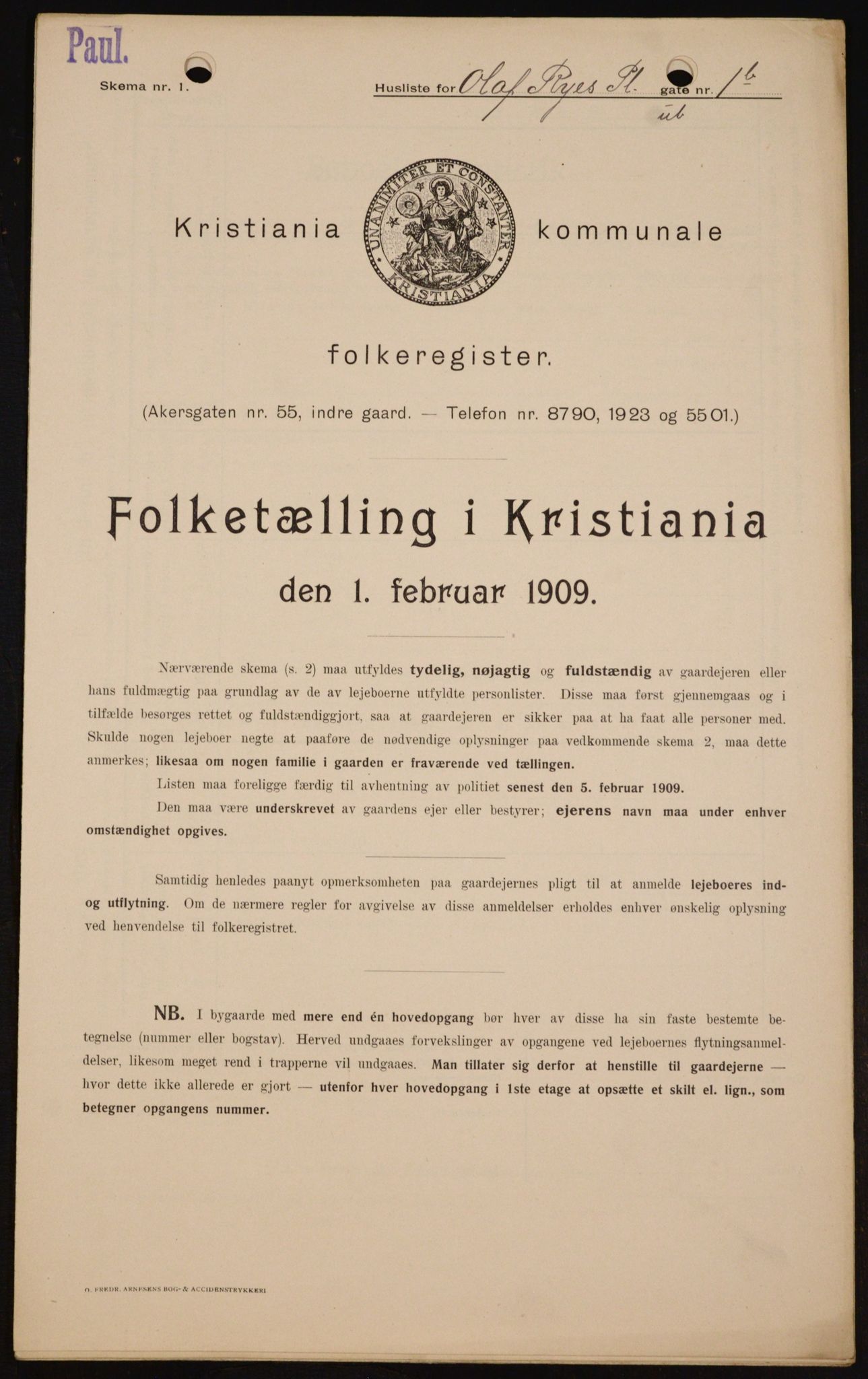 OBA, Municipal Census 1909 for Kristiania, 1909, p. 67913