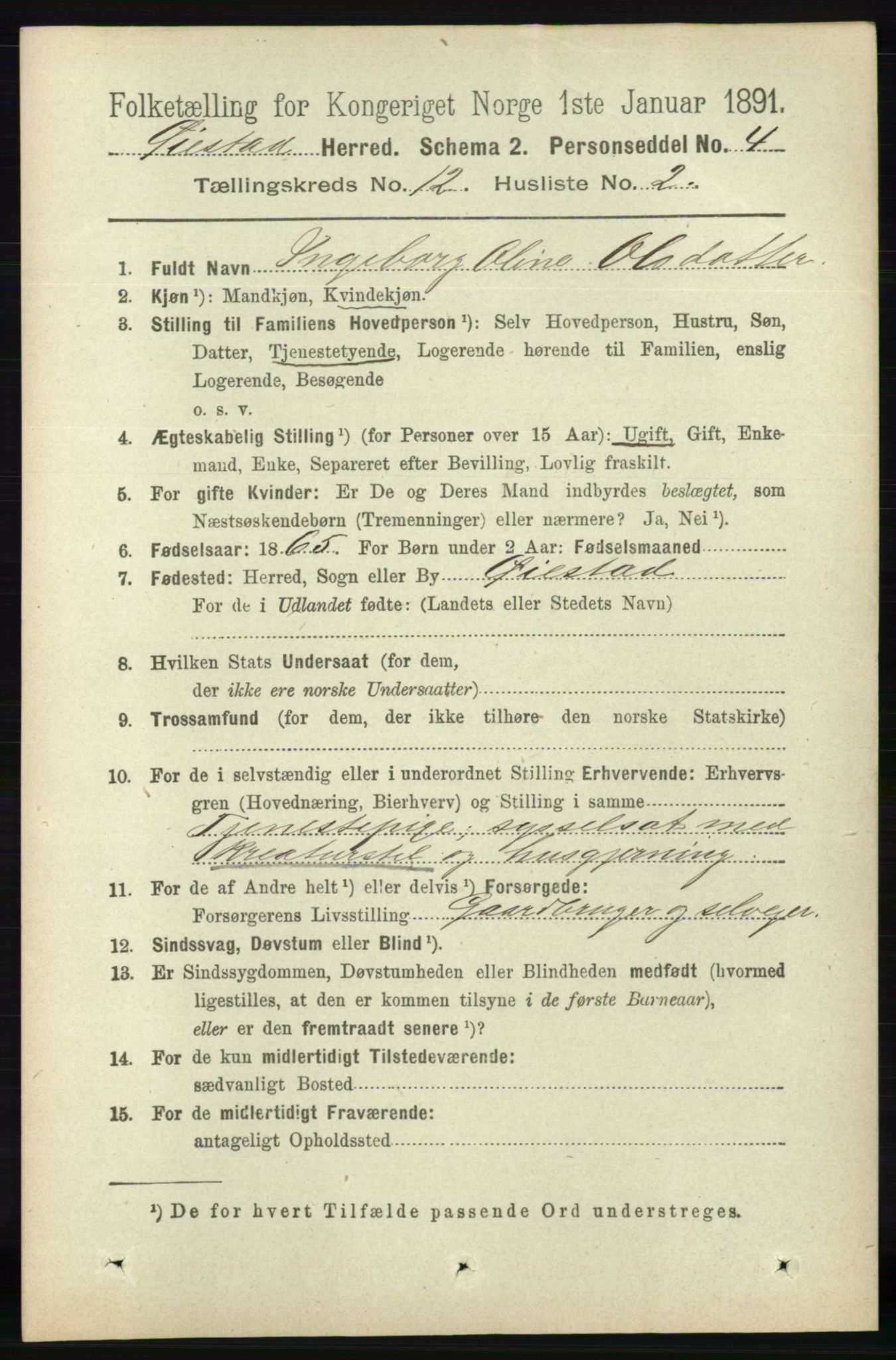RA, 1891 census for 0920 Øyestad, 1891, p. 5447