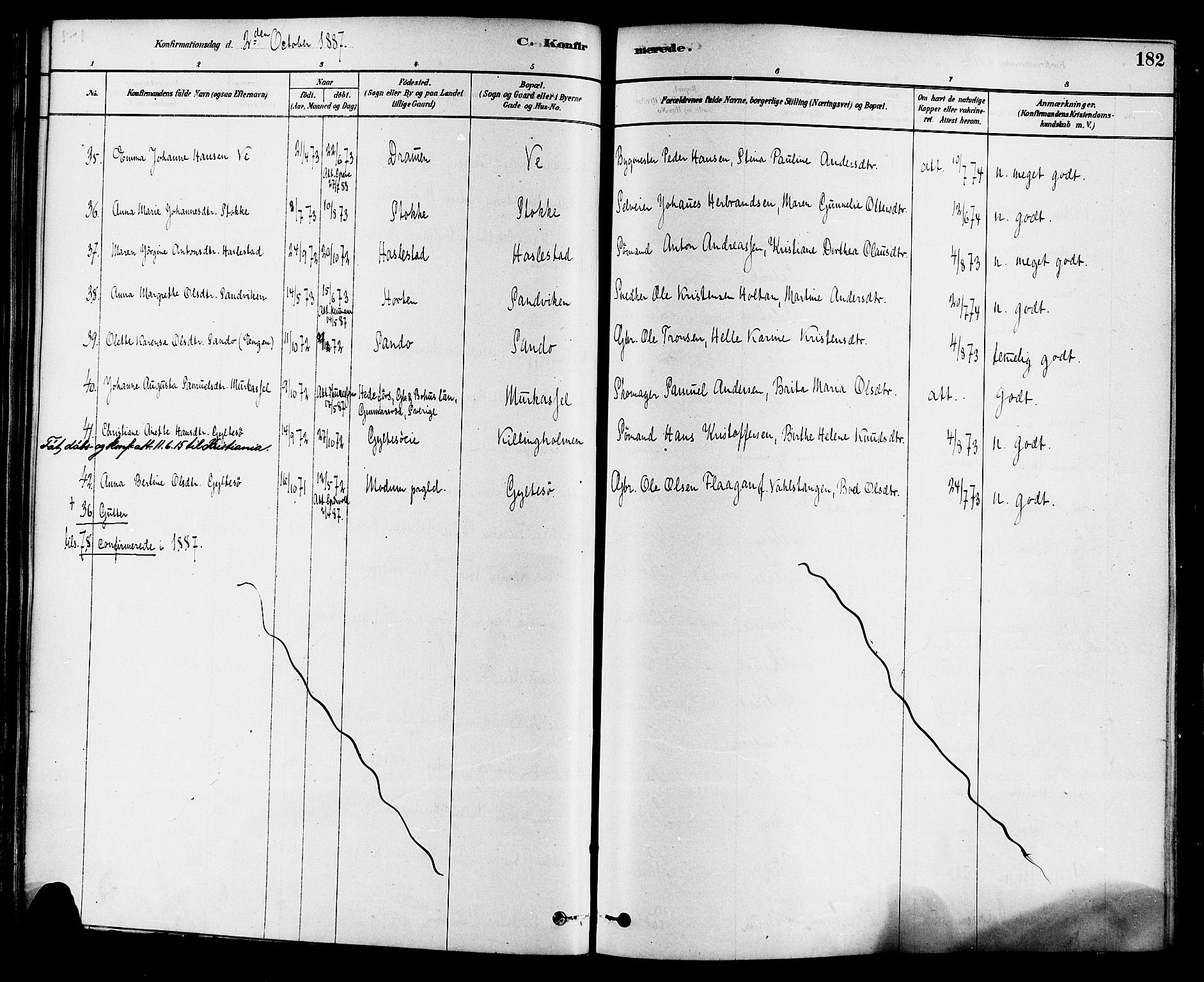 Sande Kirkebøker, AV/SAKO-A-53/F/Fa/L0006: Parish register (official) no. 6, 1878-1888, p. 182