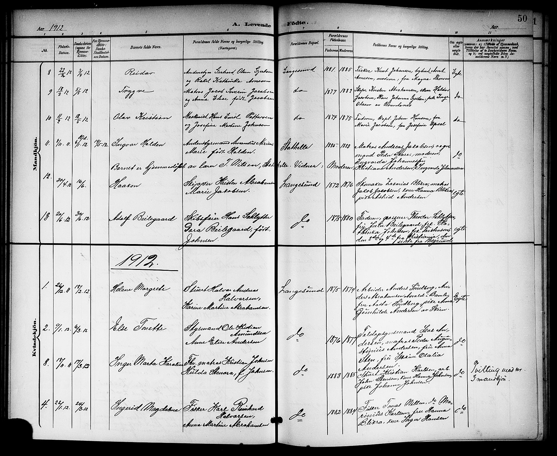 Langesund kirkebøker, SAKO/A-280/G/Ga/L0006: Parish register (copy) no. 6, 1899-1918, p. 50
