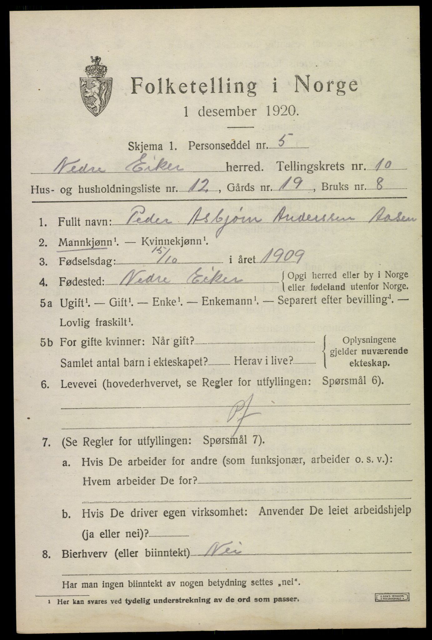 SAKO, 1920 census for Nedre Eiker, 1920, p. 10033