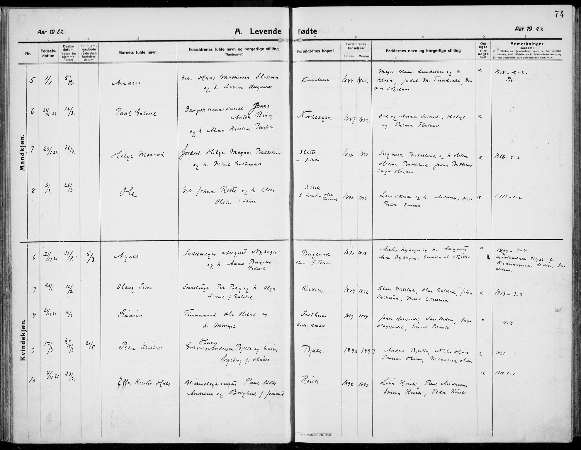 Kolbu prestekontor, SAH/PREST-110/H/Ha/Haa/L0002: Parish register (official) no. 2, 1912-1926, p. 74
