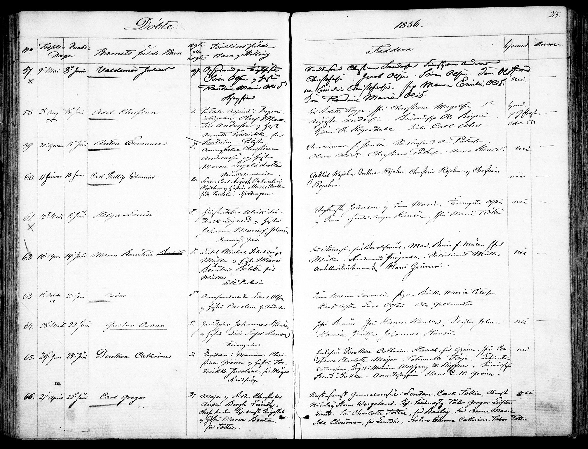 Garnisonsmenigheten Kirkebøker, AV/SAO-A-10846/F/Fa/L0008: Parish register (official) no. 8, 1842-1859, p. 215