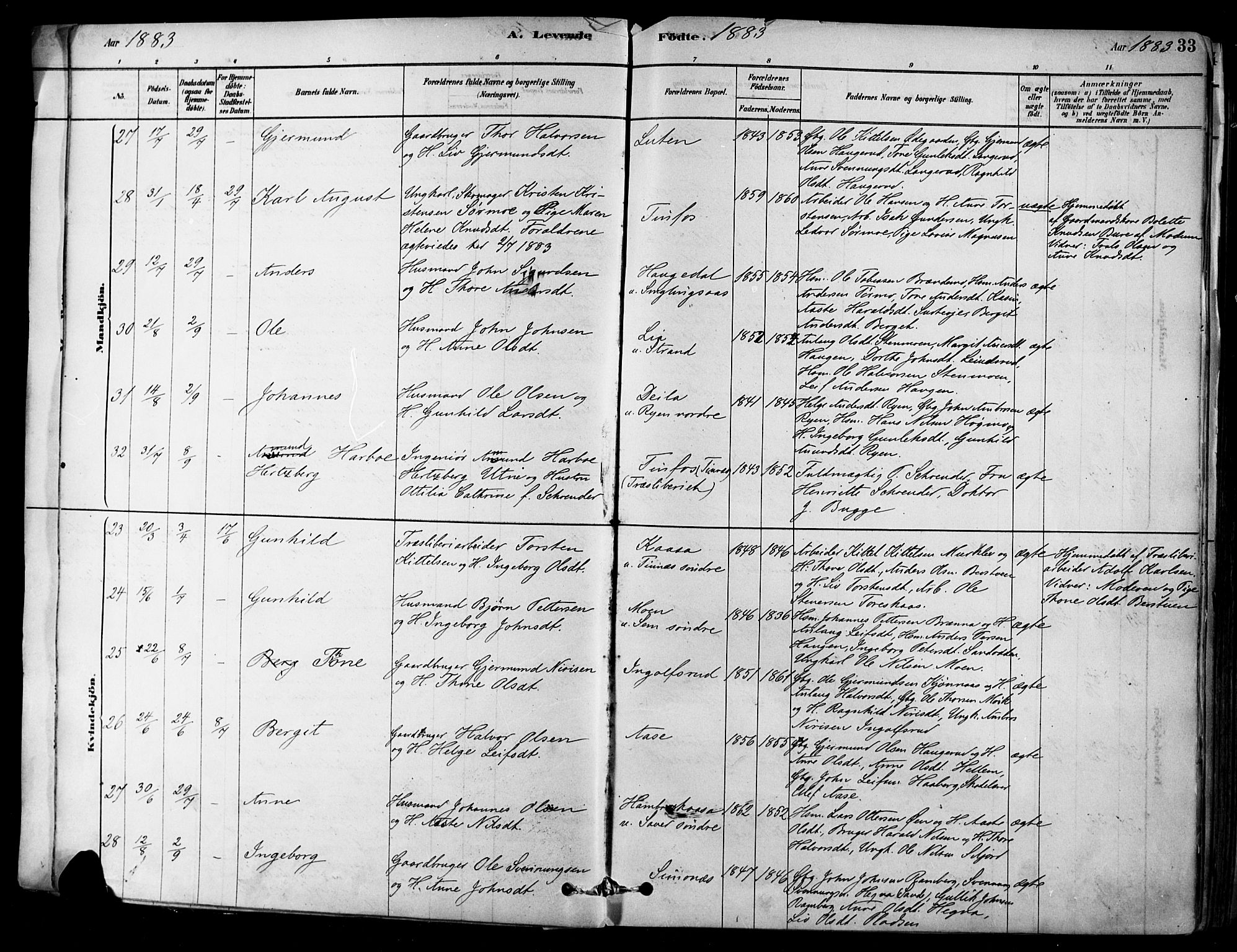 Heddal kirkebøker, SAKO/A-268/F/Fa/L0008: Parish register (official) no. I 8, 1878-1903, p. 33