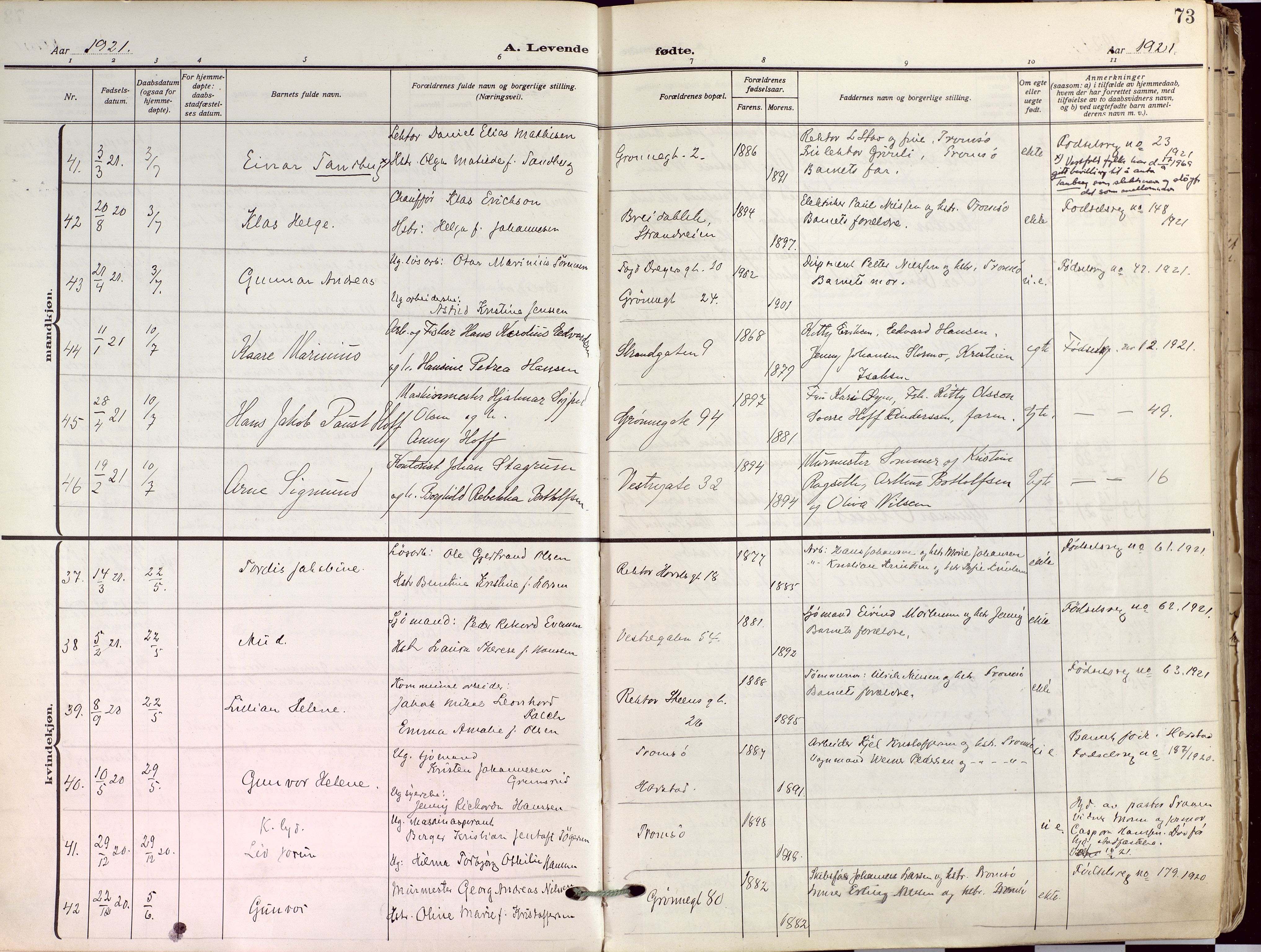 Tromsø sokneprestkontor/stiftsprosti/domprosti, AV/SATØ-S-1343/G/Ga/L0019kirke: Parish register (official) no. 19, 1917-1927, p. 73