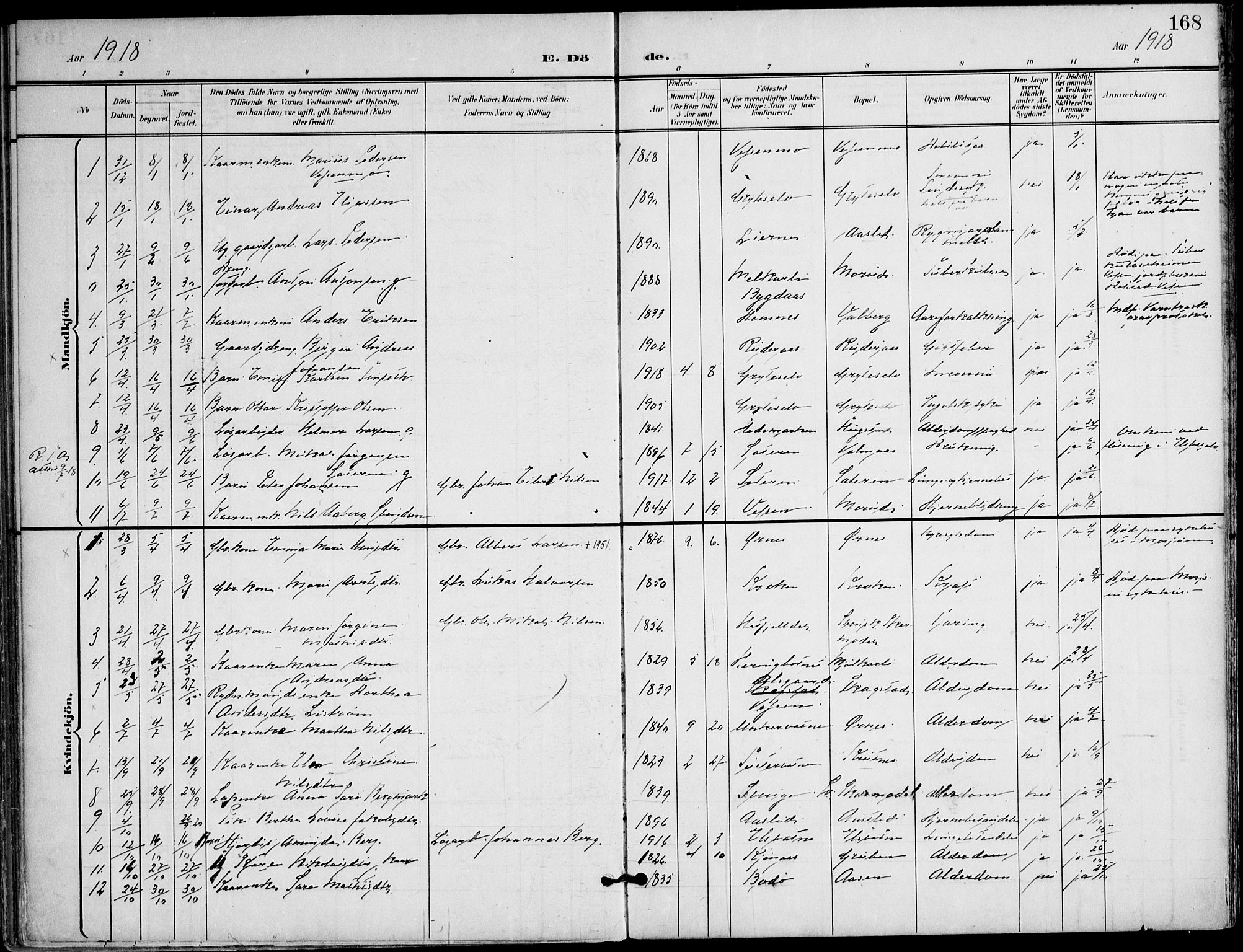 Ministerialprotokoller, klokkerbøker og fødselsregistre - Nordland, AV/SAT-A-1459/823/L0326: Parish register (official) no. 823A03, 1899-1919, p. 168