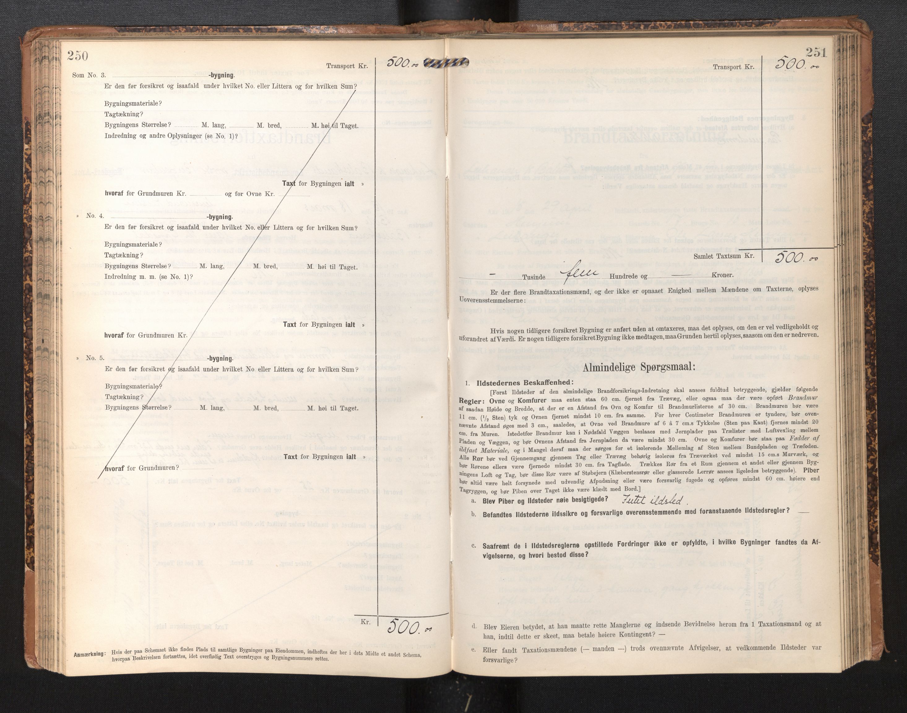 Lensmannen i Leikanger, SAB/A-29201/0012/L0005: Branntakstprotokoll, skjematakst, 1907-1917, p. 250-251