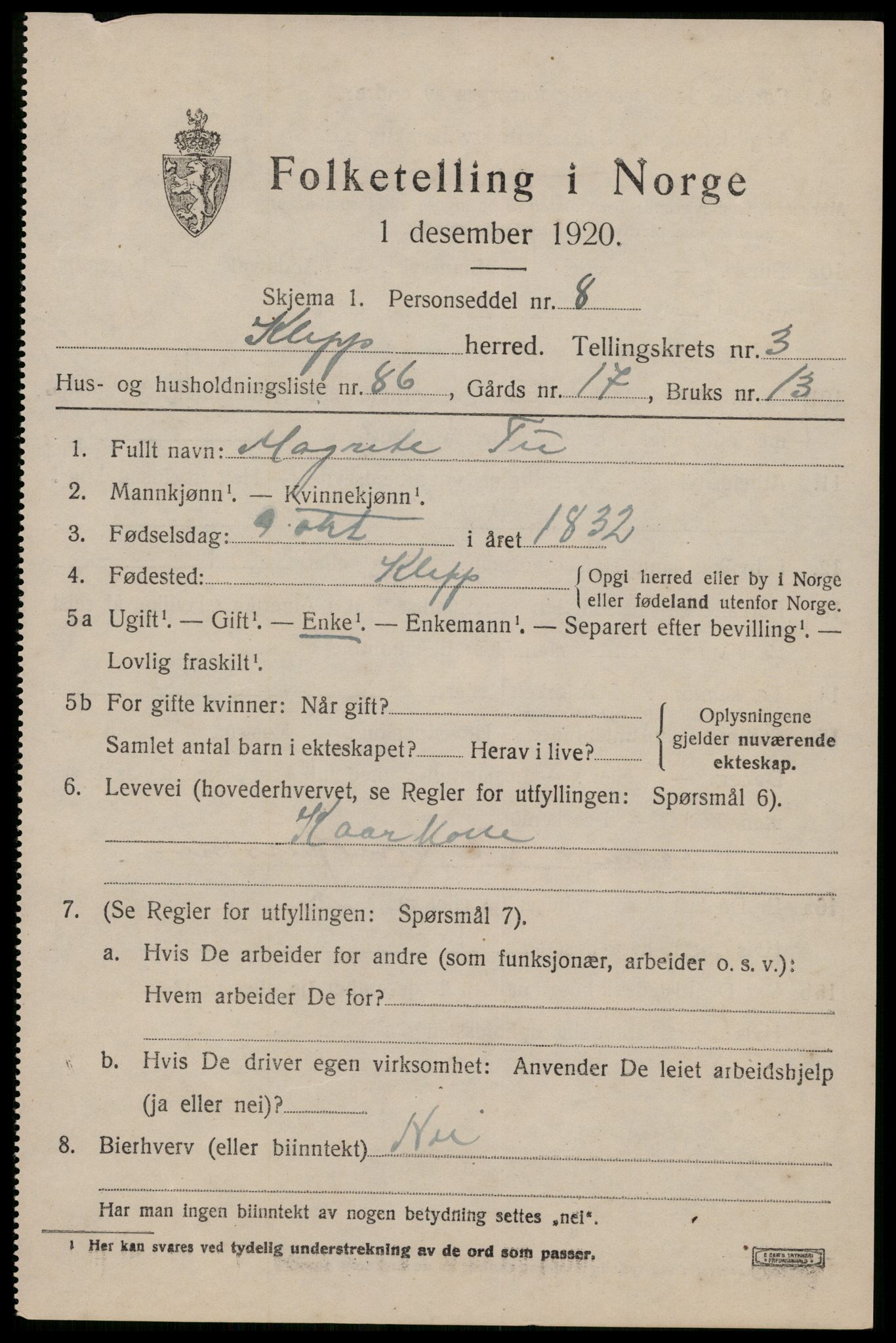 SAST, 1920 census for Klepp, 1920, p. 4294