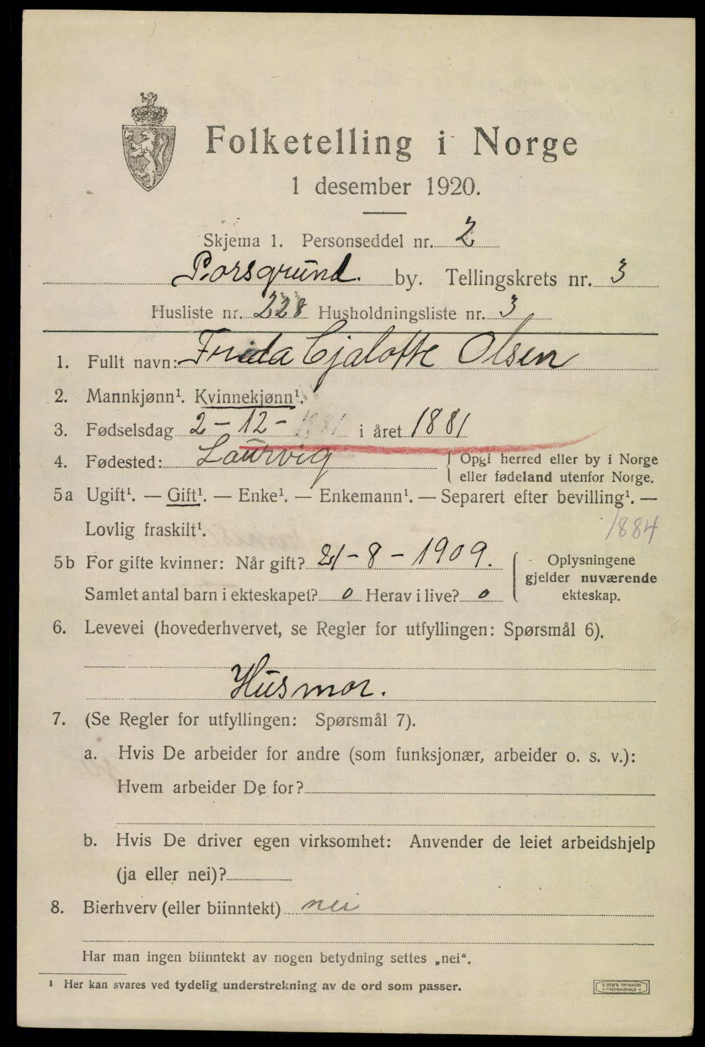 SAKO, 1920 census for Porsgrunn, 1920, p. 17313