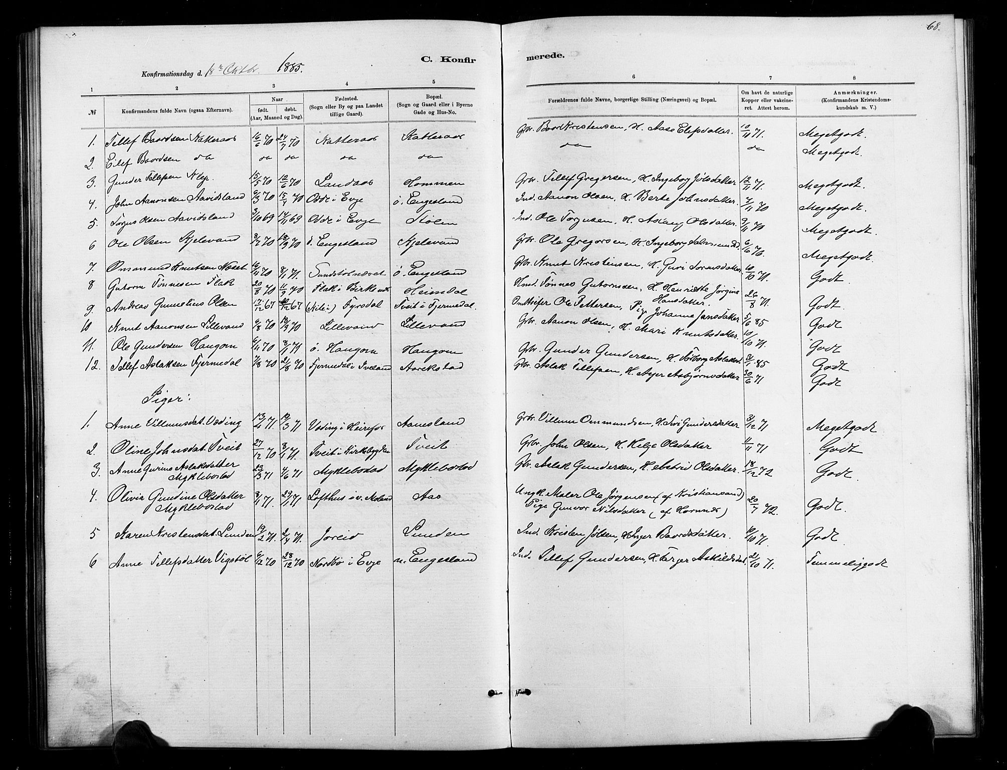 Herefoss sokneprestkontor, AV/SAK-1111-0019/F/Fb/Fbb/L0002: Parish register (copy) no. B 2, 1879-1894, p. 68