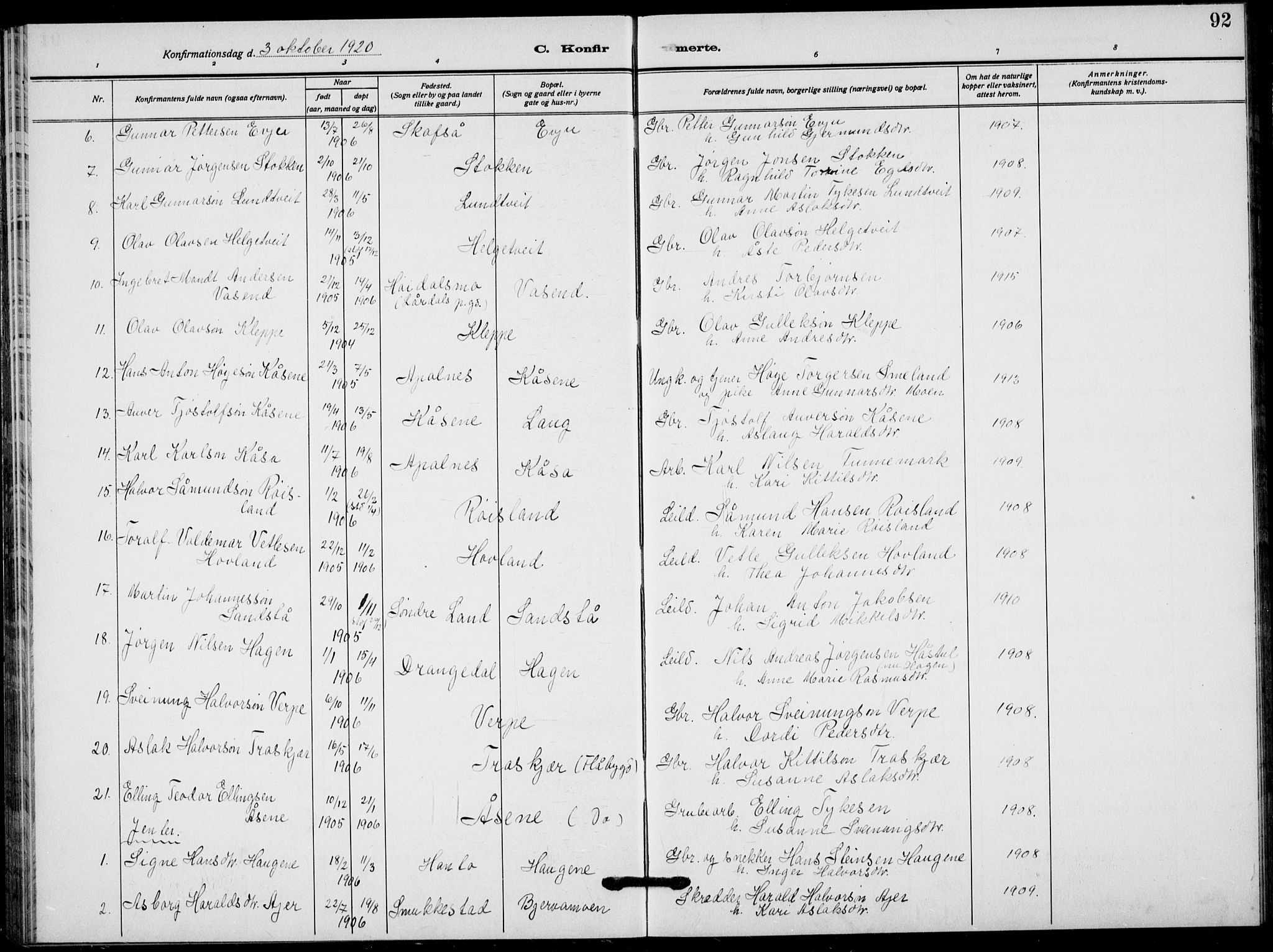 Lunde kirkebøker, AV/SAKO-A-282/G/Ga/L0005: Parish register (copy) no. I 5, 1914-1922, p. 92