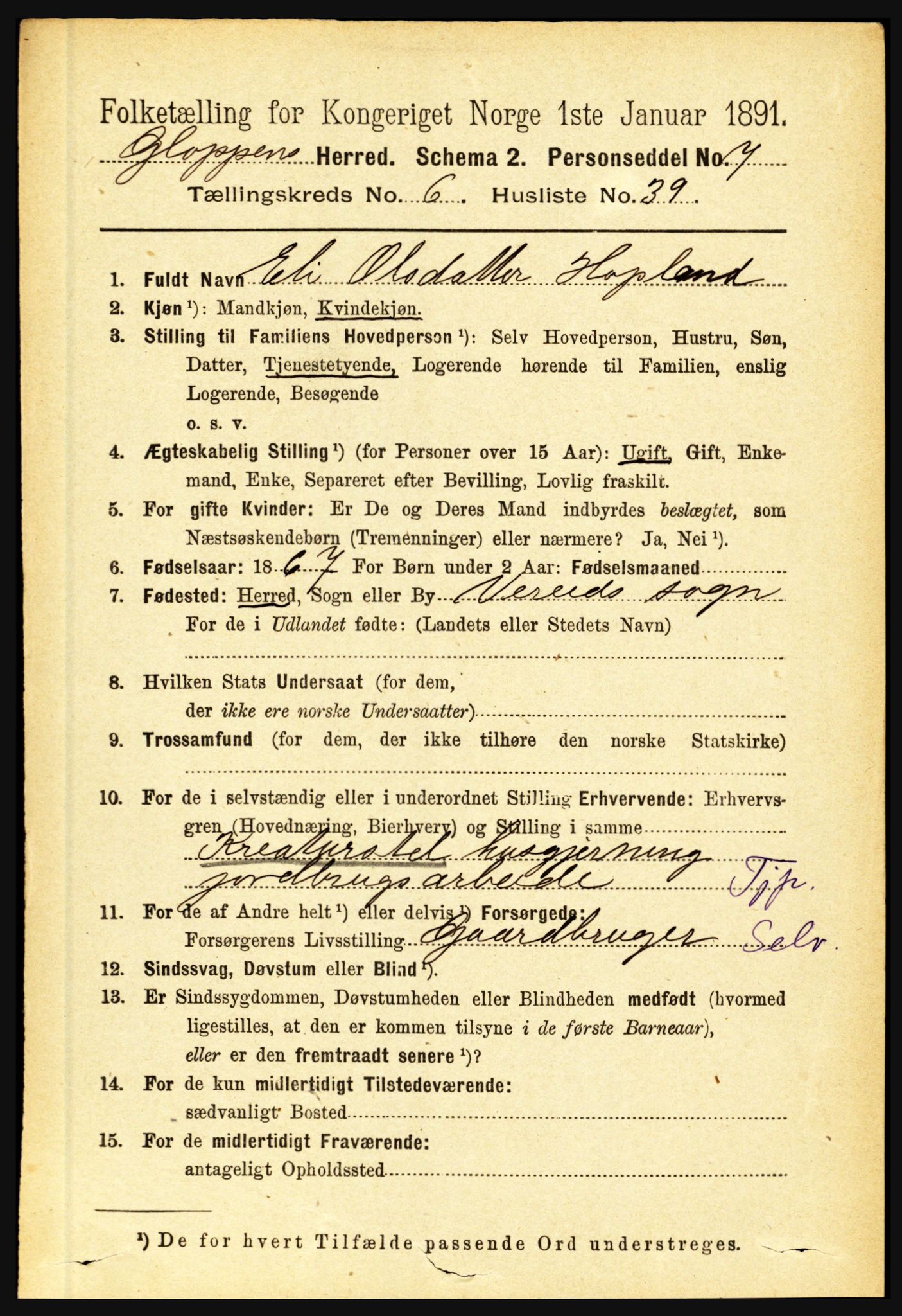 RA, 1891 census for 1445 Gloppen, 1891, p. 2575