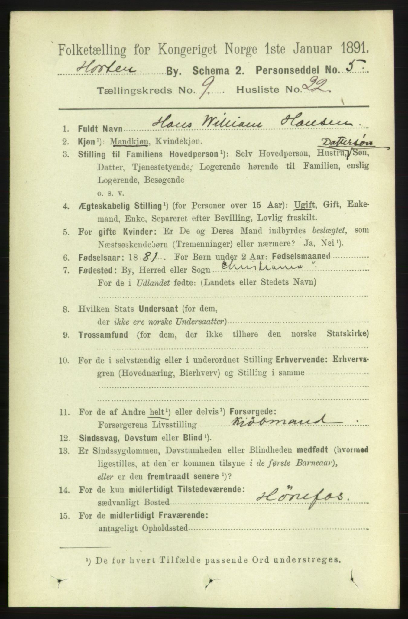 RA, 1891 census for 0703 Horten, 1891, p. 5754