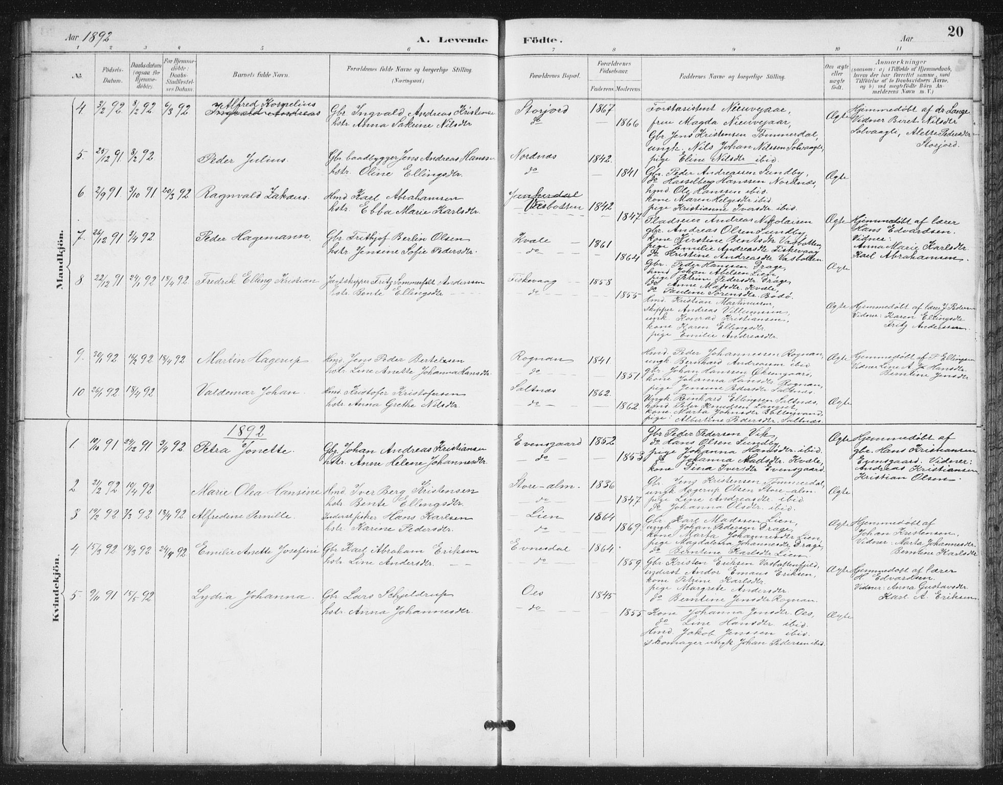 Ministerialprotokoller, klokkerbøker og fødselsregistre - Nordland, AV/SAT-A-1459/847/L0682: Parish register (copy) no. 847C10, 1889-1907, p. 20