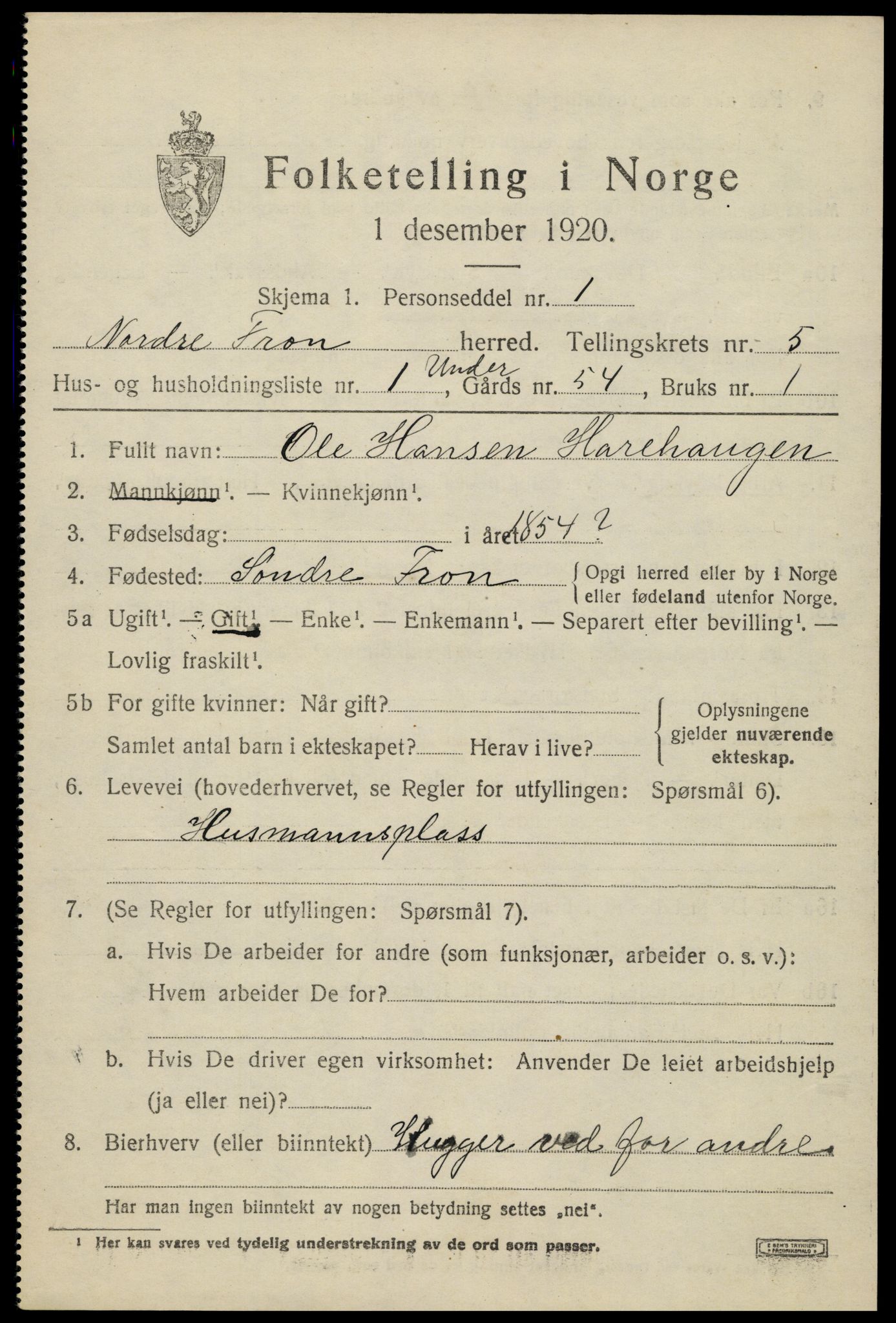 SAH, 1920 census for Nord-Fron, 1920, p. 4726