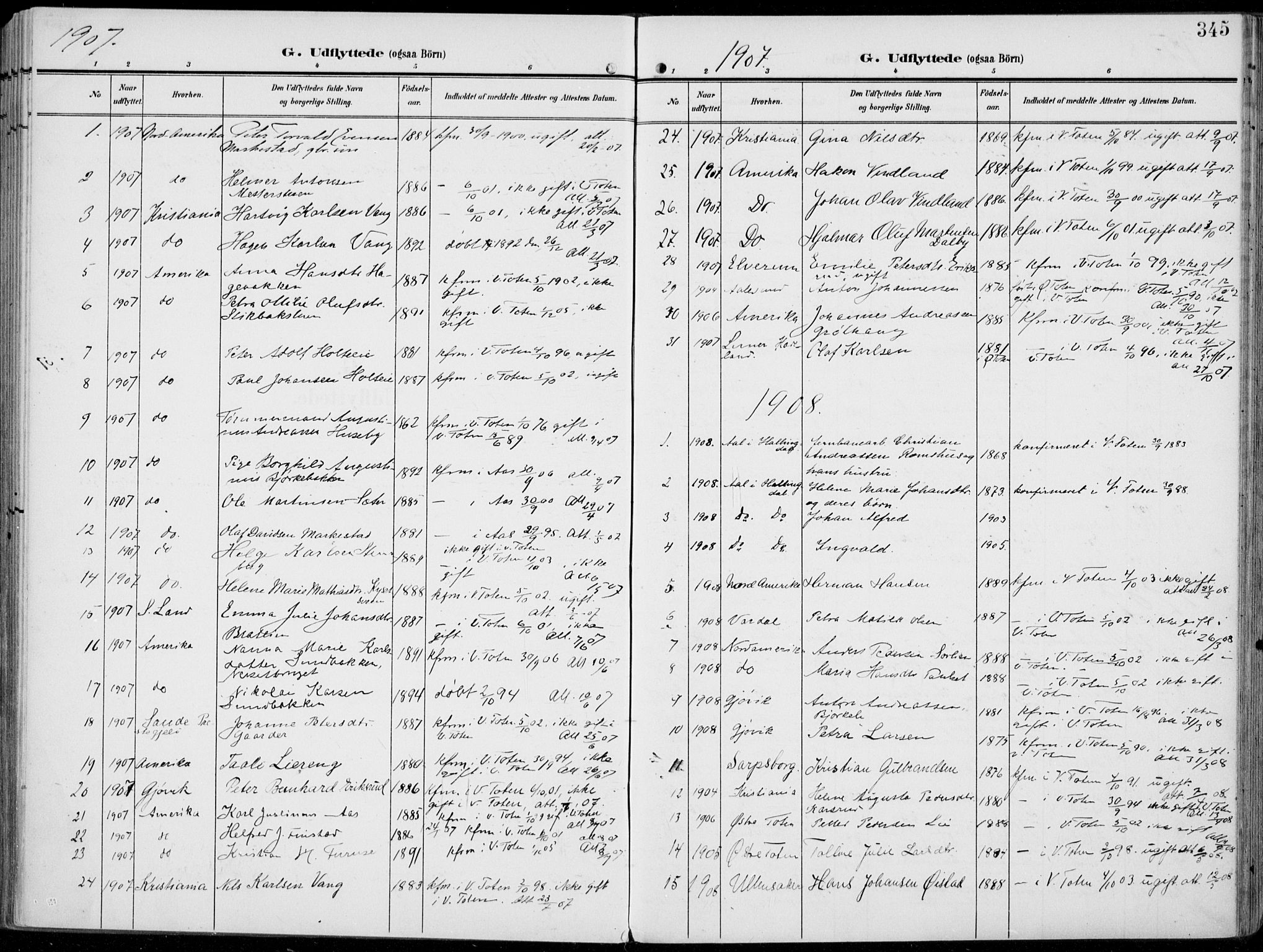 Vestre Toten prestekontor, SAH/PREST-108/H/Ha/Haa/L0014: Parish register (official) no. 14, 1907-1920, p. 345