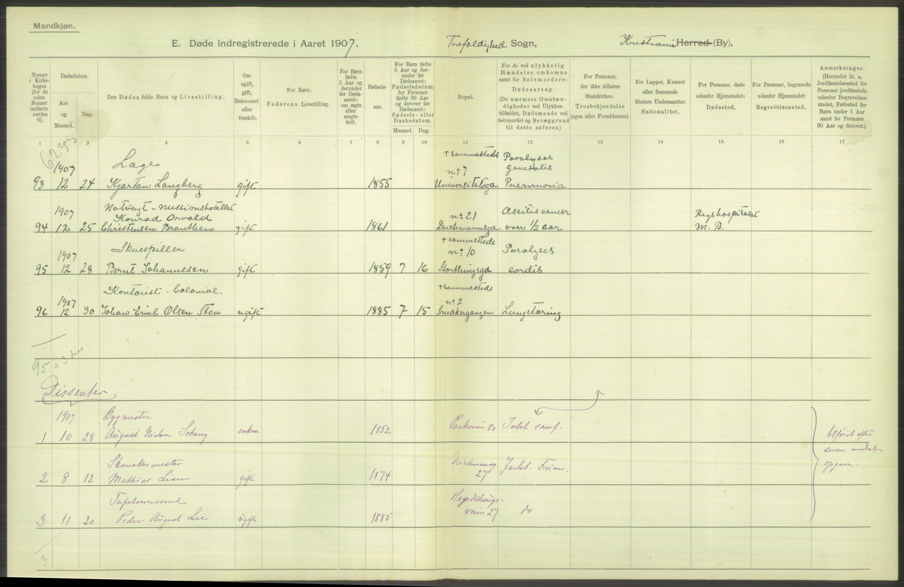 Statistisk sentralbyrå, Sosiodemografiske emner, Befolkning, RA/S-2228/D/Df/Dfa/Dfae/L0010: Kristiania: Døde, dødfødte, 1907, p. 466