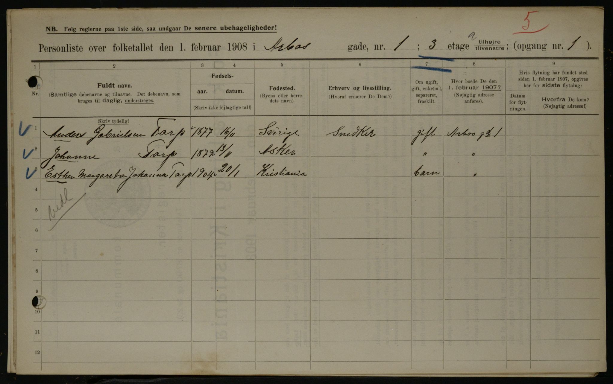 OBA, Municipal Census 1908 for Kristiania, 1908, p. 1910
