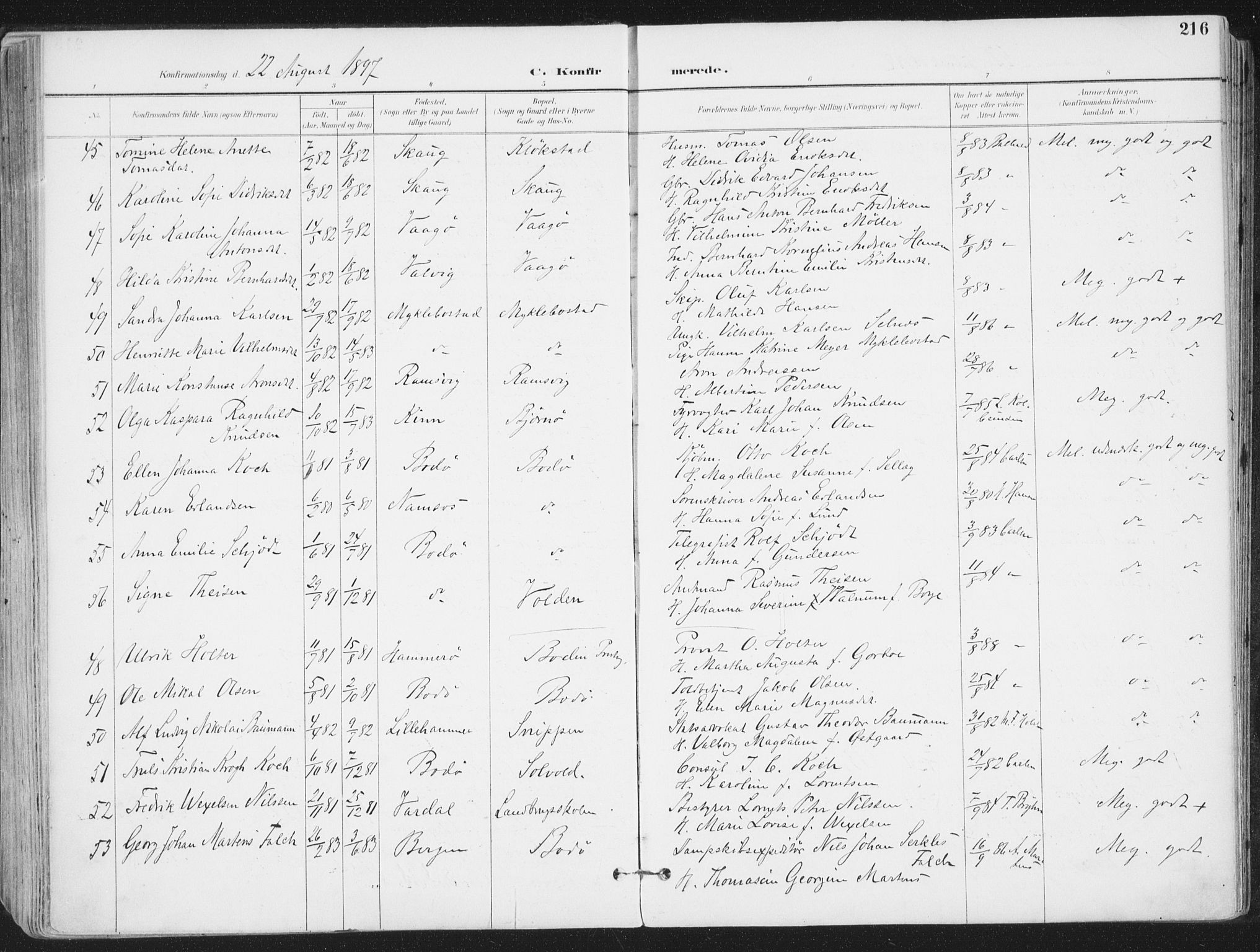 Ministerialprotokoller, klokkerbøker og fødselsregistre - Nordland, SAT/A-1459/802/L0055: Parish register (official) no. 802A02, 1894-1915, p. 216