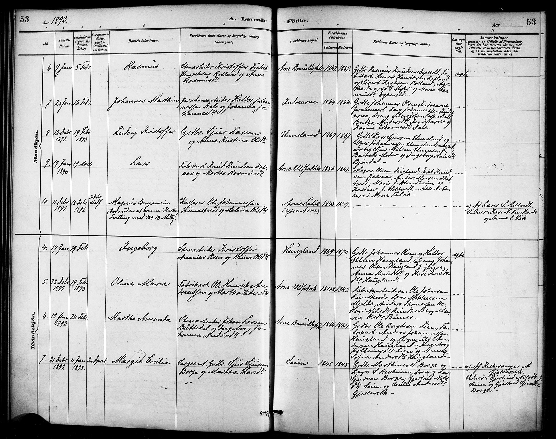 Haus sokneprestembete, AV/SAB-A-75601/H/Haa/Haad/L0001: Parish register (official) no. D 1, 1887-1898, p. 53