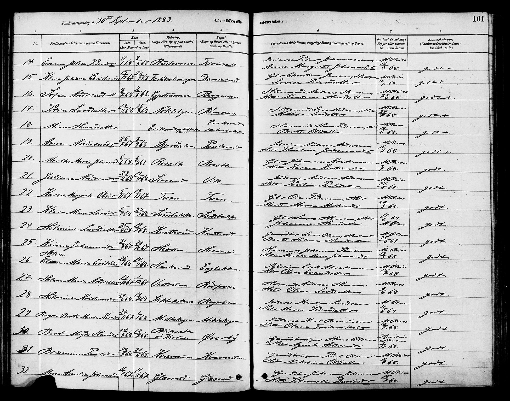 Vestre Toten prestekontor, SAH/PREST-108/H/Ha/Haa/L0009: Parish register (official) no. 9, 1878-1894, p. 161