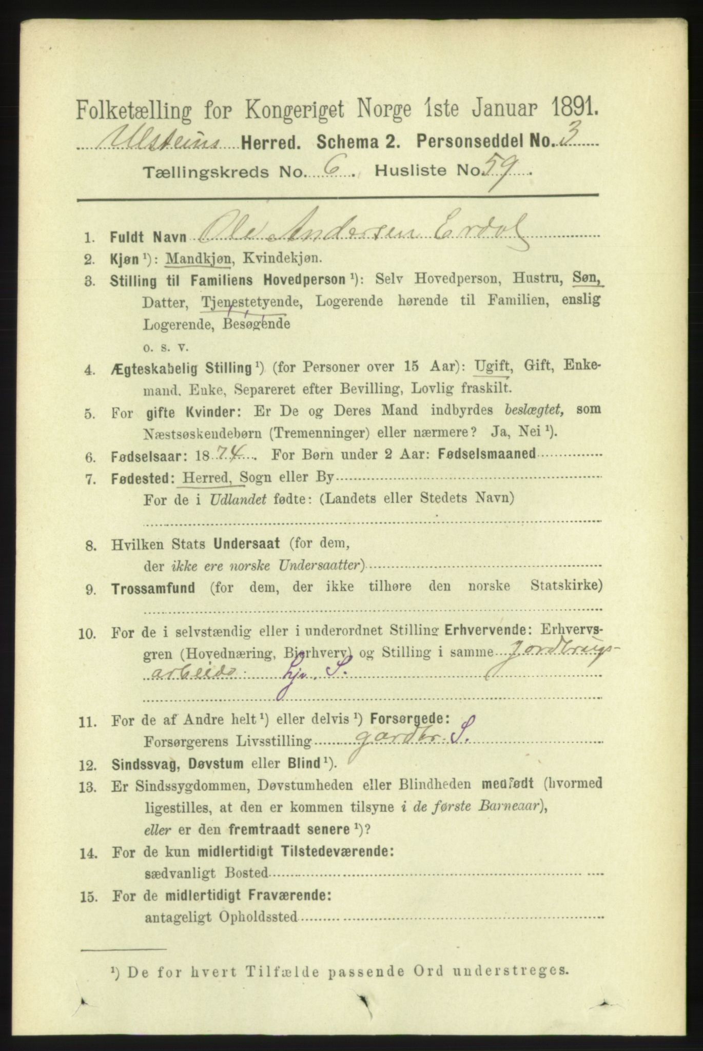 RA, 1891 census for 1516 Ulstein, 1891, p. 2105