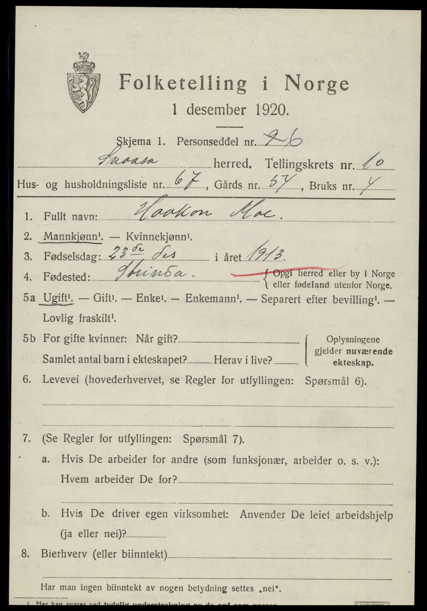 SAT, 1920 census for Snåsa, 1920, p. 4988