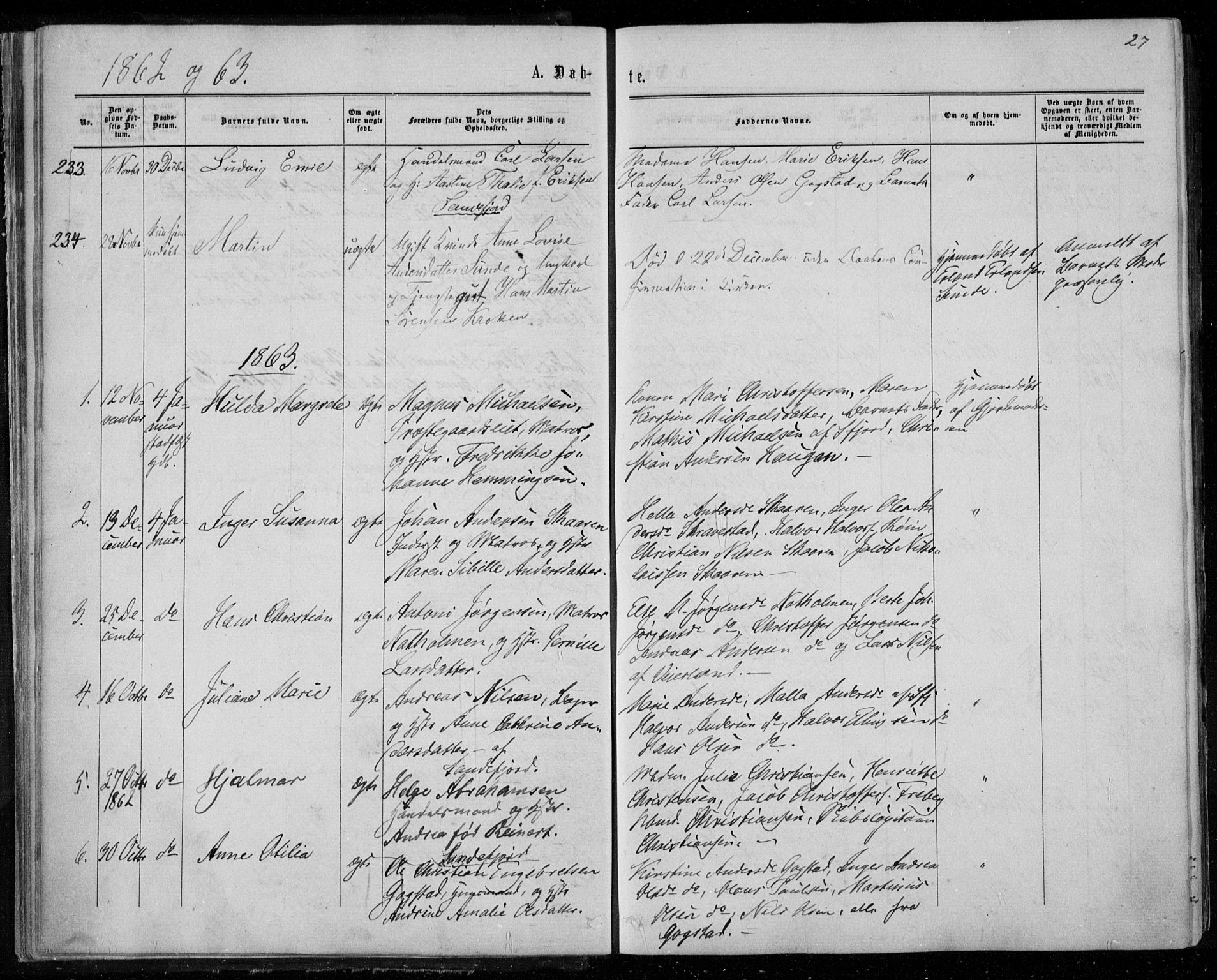 Sandar kirkebøker, SAKO/A-243/F/Fa/L0008: Parish register (official) no. 8, 1862-1871, p. 27