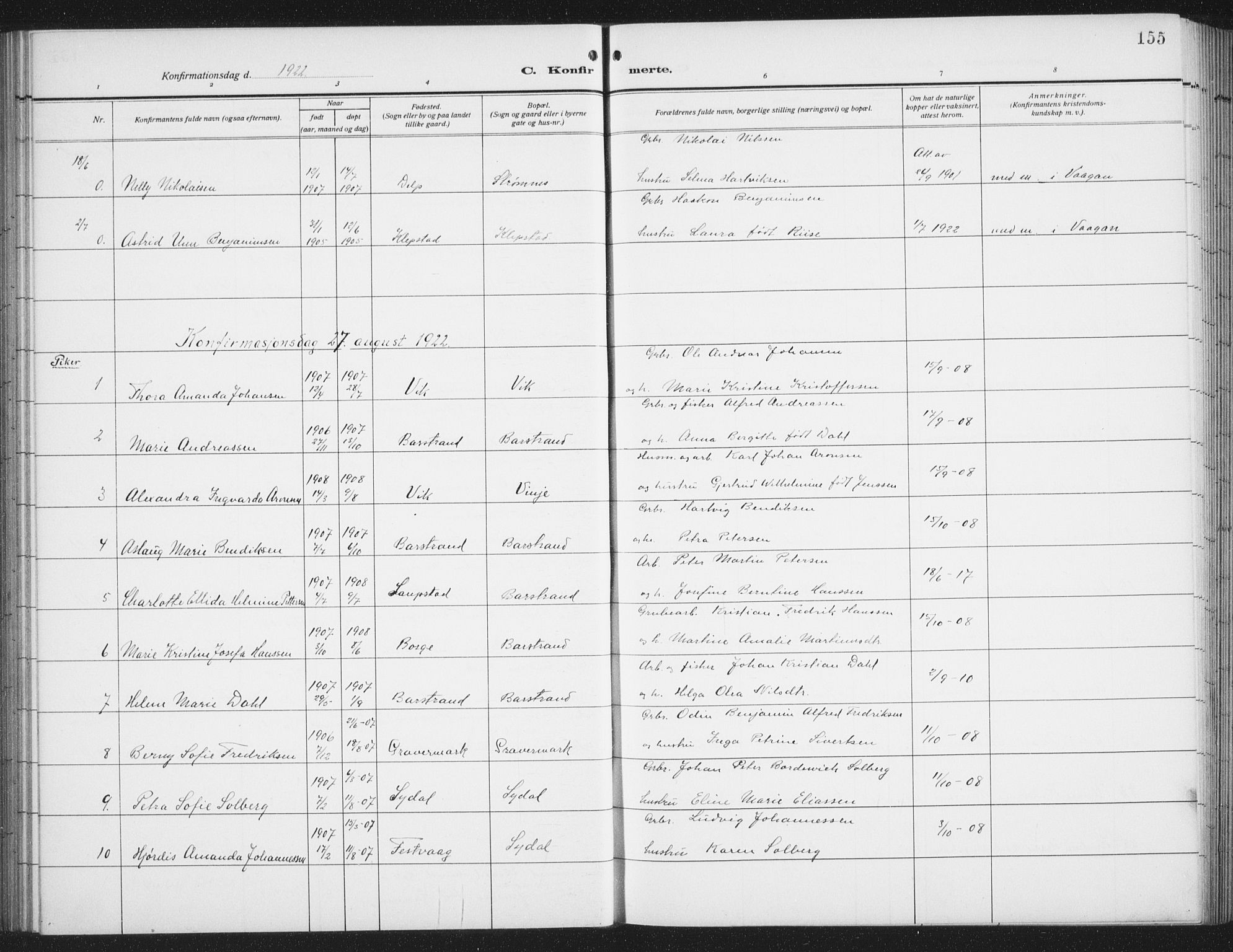 Ministerialprotokoller, klokkerbøker og fødselsregistre - Nordland, SAT/A-1459/876/L1106: Parish register (copy) no. 876C05, 1915-1942, p. 155