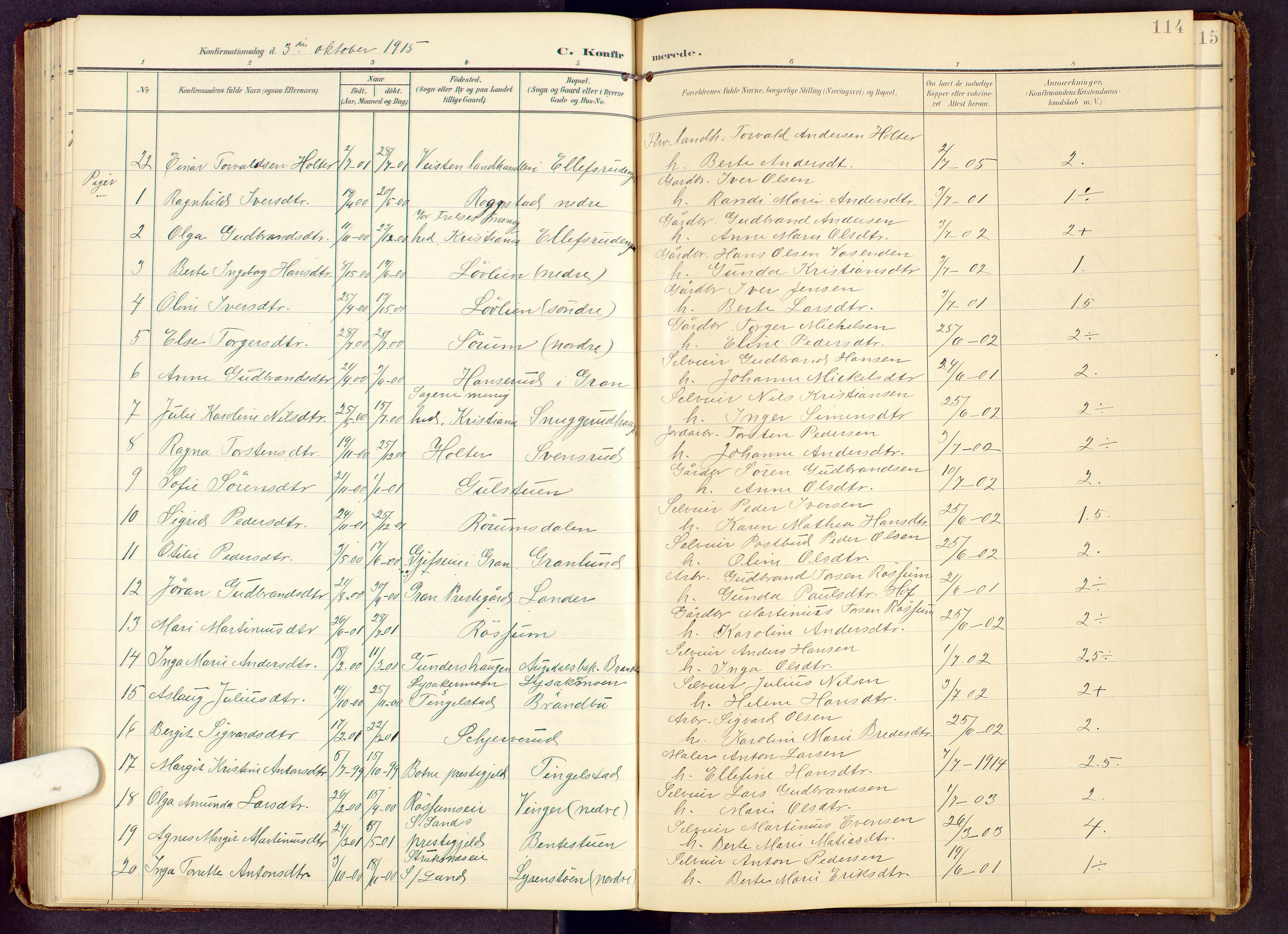 Brandbu prestekontor, SAH/PREST-114/H/Ha/Hab/L0009: Parish register (copy) no. 9, 1903-1916, p. 114