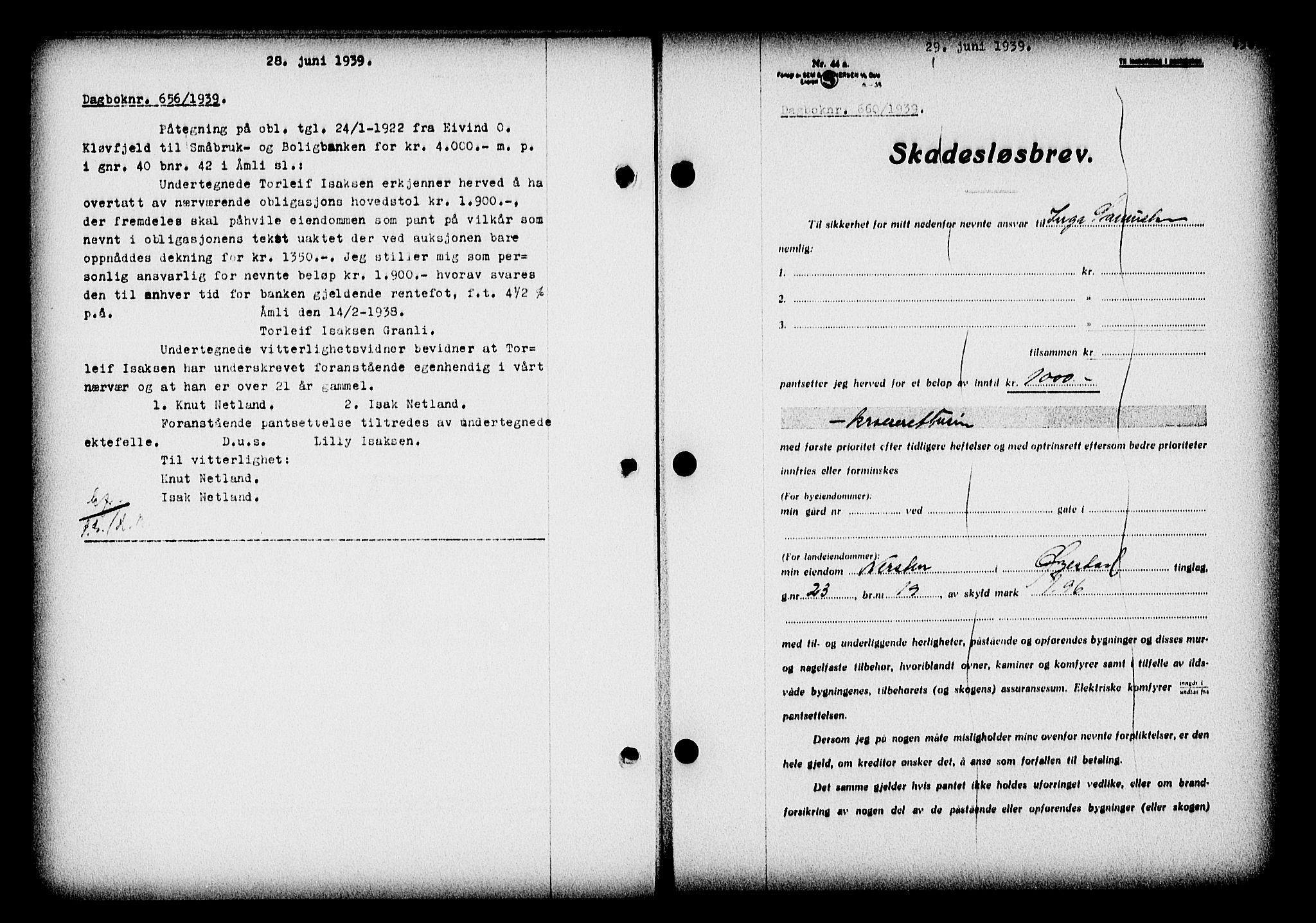 Nedenes sorenskriveri, SAK/1221-0006/G/Gb/Gba/L0046: Mortgage book no. 42, 1938-1939, Diary no: : 660/1939